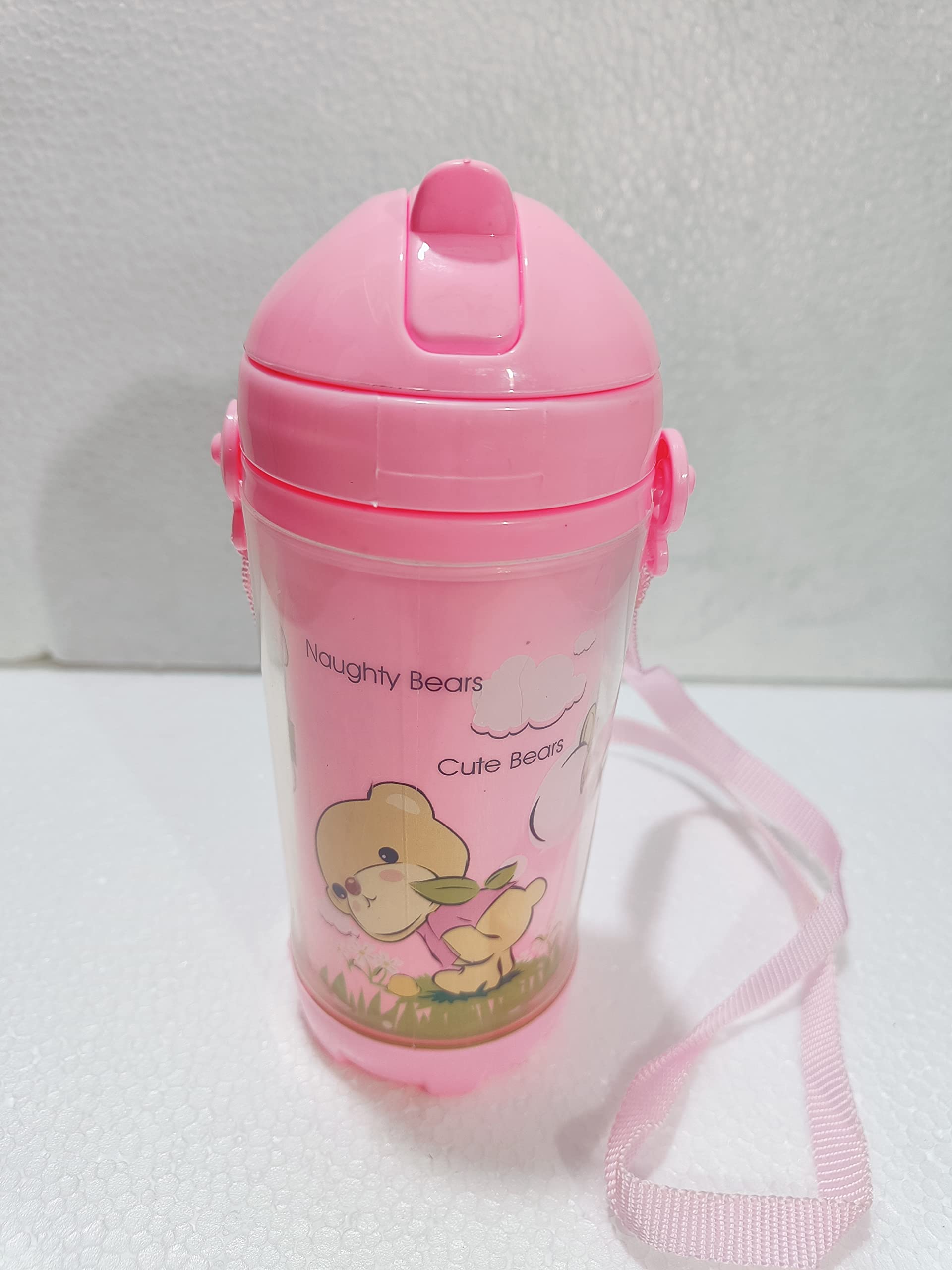 PUTHAK Cute 500ml Kids Water Bottle with Straw - BPA Free, Leak Proof Flip Top Lid, Silicone Sipper & Soft Carry Neck Strap - Cartoon Printed Pink Bottle for Girls & Boys - Perfect for School, Travel, Sports & Outdoor Activities