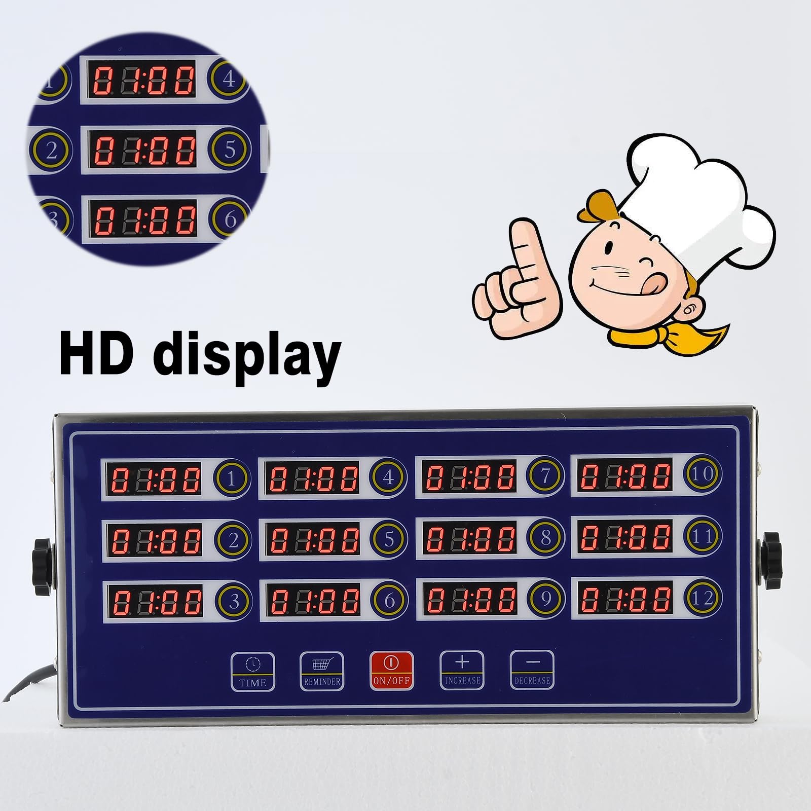 12-Channel Digital Kitchen Timer with Loud LED Display - Stainless Steel Countdown Timer for Restaurants, Pizza, Coffee, Fast Food & Fries Cooking - Perfect for Commercial Kitchens & Food Service