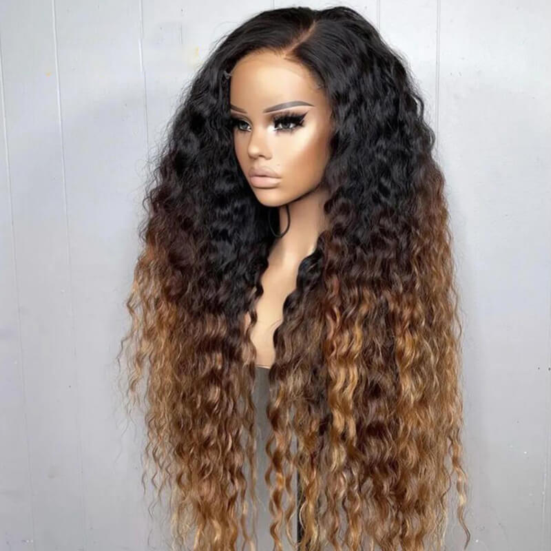 Eullair Ombre 1B/30 Brown Highlights Curly Human Hair Wig with 1B Roots Lace Frontal - Natural Look for Cosplay, Daily Wear & Special Occasions