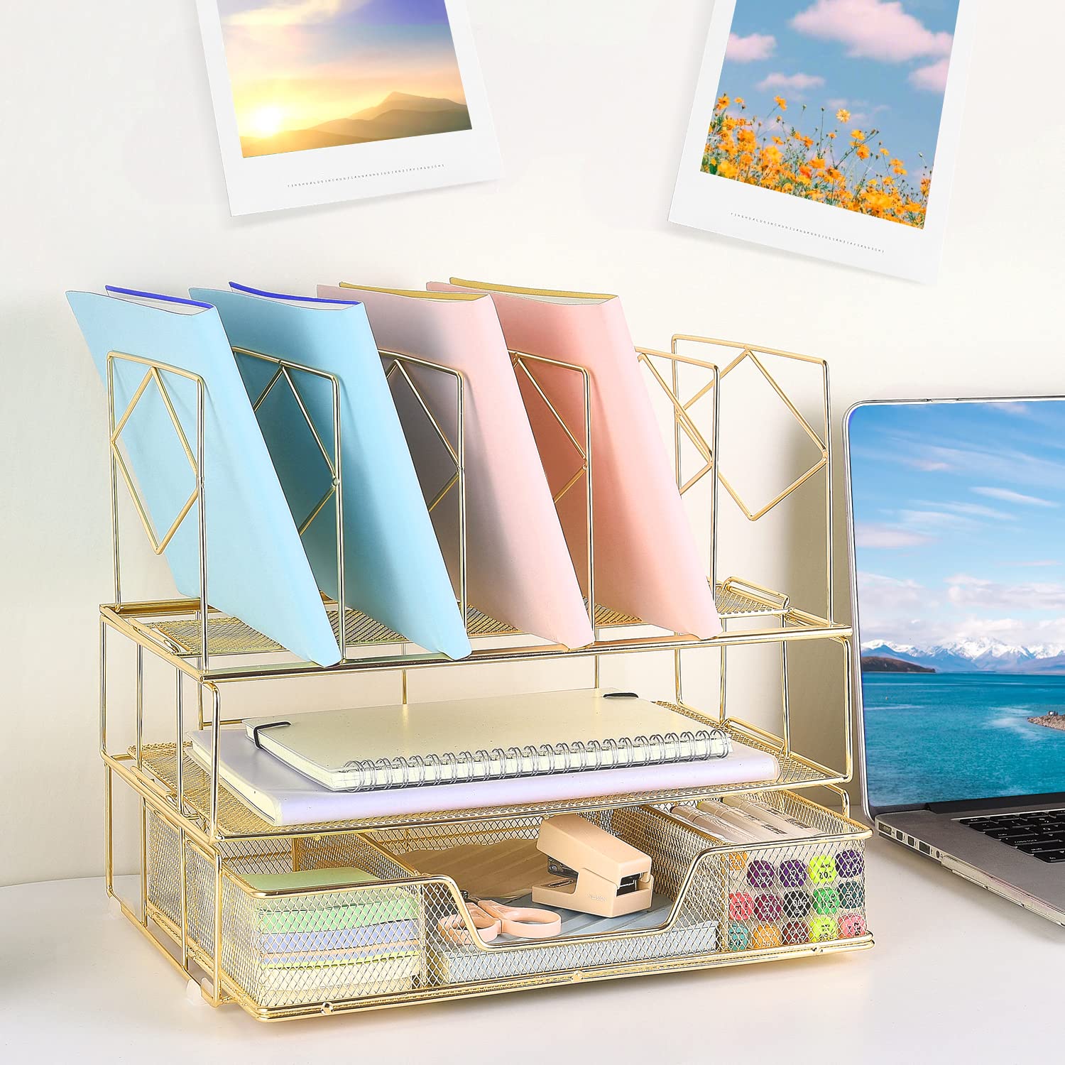 Premium Gianotter Office Catalog Racks - 5-Compartment Gold Desk Organizer for Files, Magazines & Office Supplies - Perfect for Home, Office & Workspace Organization