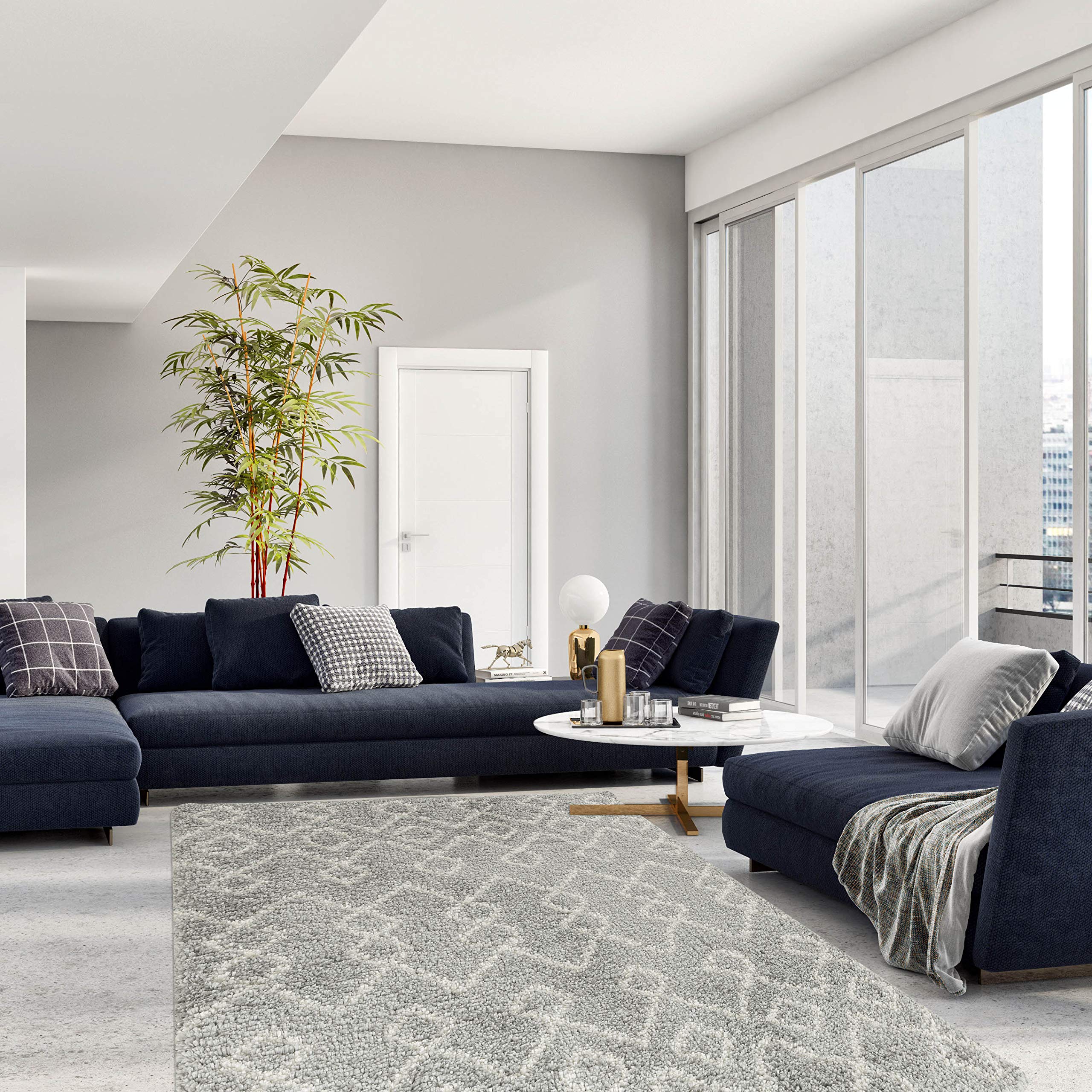 Premium Wyatt & Ash Parma Tribal Stripes Plush Shag Rug - 5x7 Feet Soft Machine Washable Area Carpet for Living Room, Bedroom & Nursery - Ivory & Grey Modern Floor Decor - High Absorbency & Durable