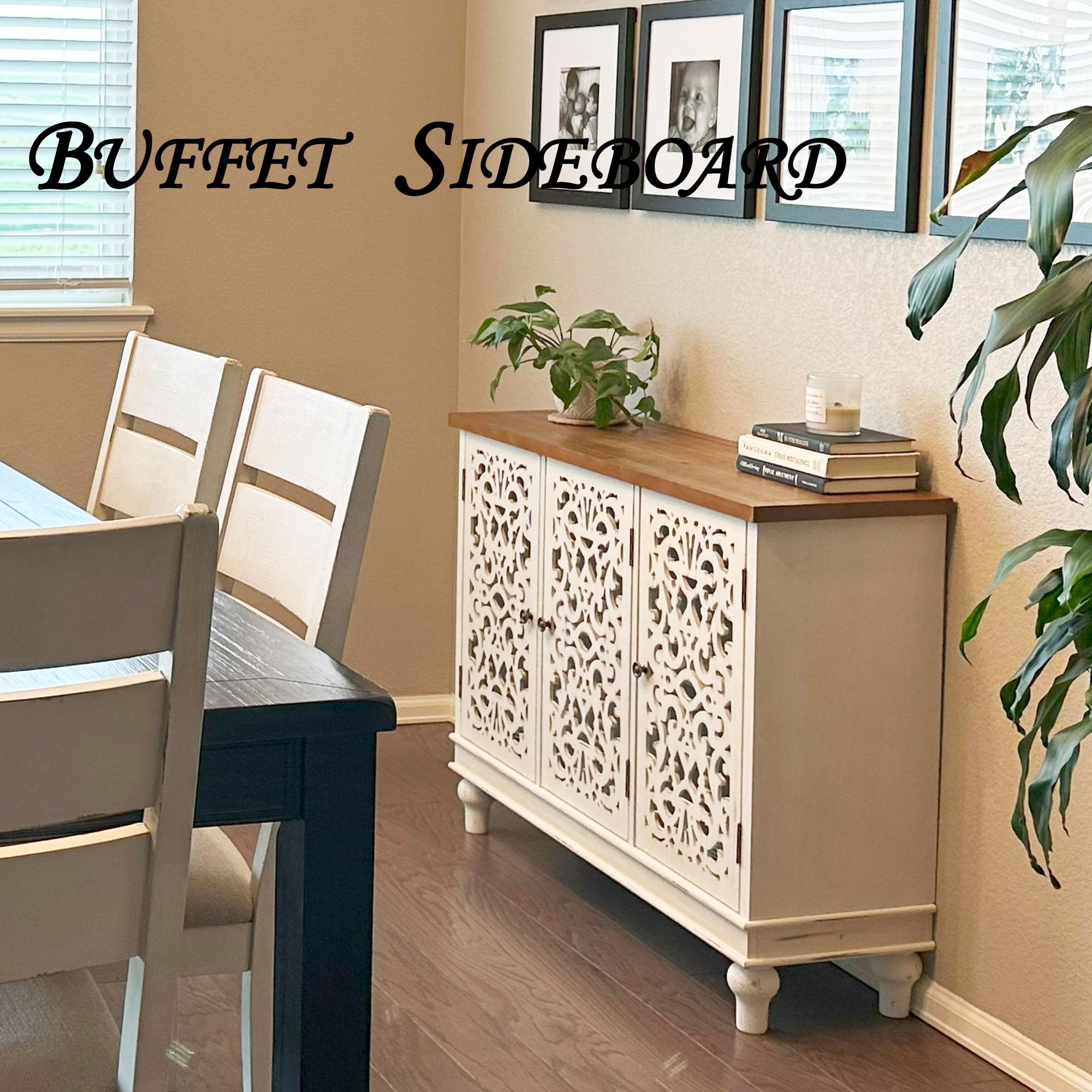 PHI VILLA White Farmhouse Accent Cabinet with Doors - Rustic Credenza Sideboard Buffet Storage Cabinet for Living Room, Dining Room & Entryway - Perfect for Home Decor & Organization