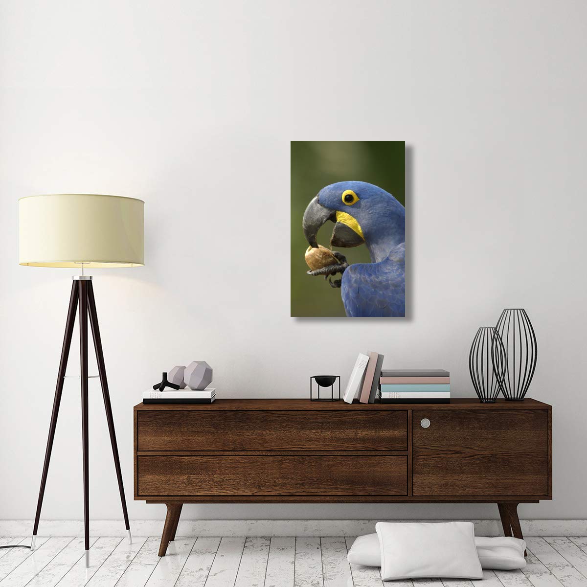 Brazilian Hyacinth Macaw Canvas Art - 24x36 Inch Wildlife Wall Decor Featuring Macaw Eating Piassava Palm Nut in Cerrado Habitat - Perfect for Living Room, Bedroom & Office Decor