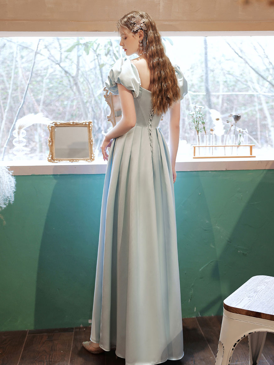 Elegant Light Blue Satin Lace Long Prom Dress - Formal Evening Gown for Homecoming, Wedding & Special Occasions