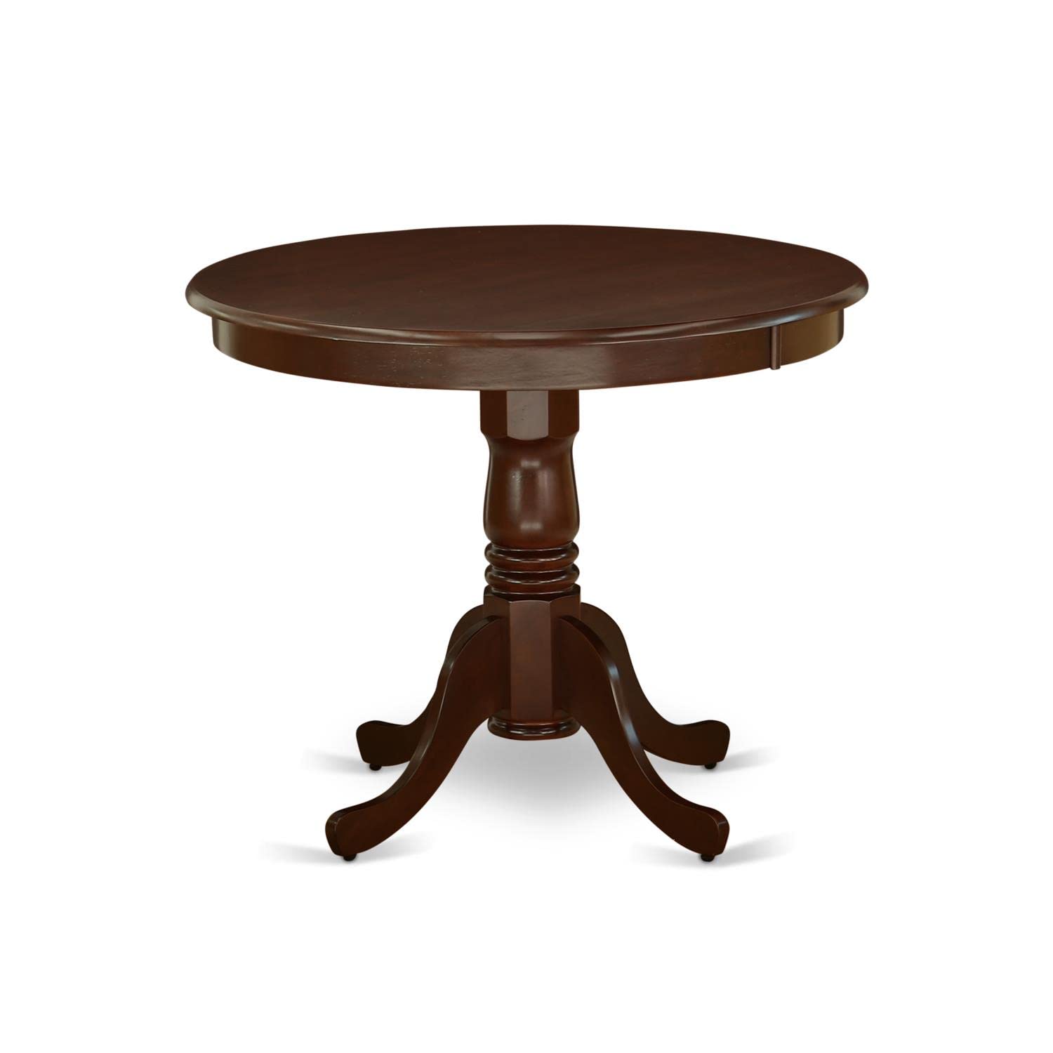 East West Furniture ANEN3-MAH-66 3-Piece Round Dining Table Set with Pedestal Base & 2 Brown Faux Leather Chairs - 36x36 Inch Mahogany Finish for Small Spaces, Breakfast Nooks & Cozy Apartments