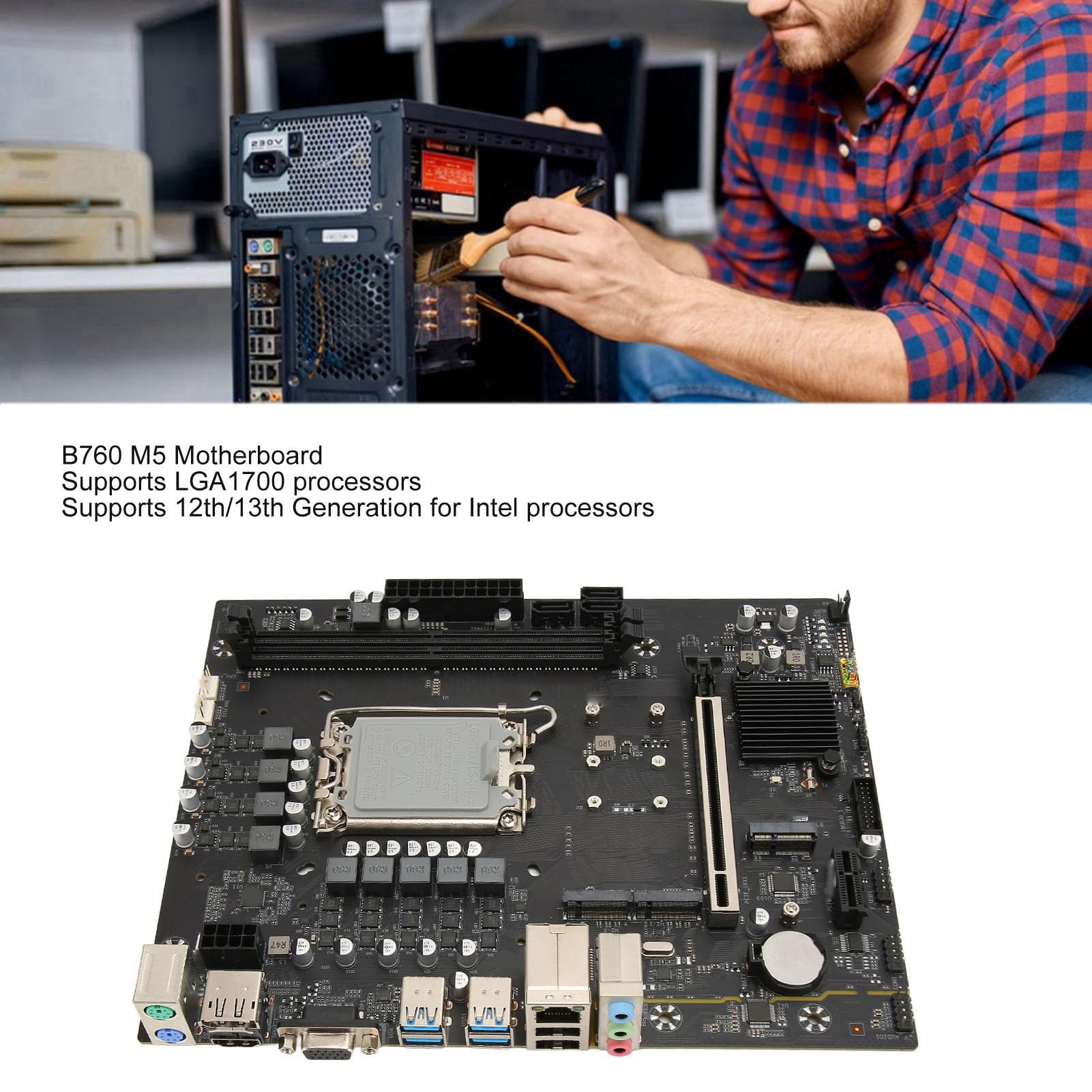 LGA 1700 Motherboard - B760-M5 ATX Desktop Motherboard with DDR5 Support, USB 3.0/2.0, HDMI/DP/VGA, PCIe 4.0, M.2 Slot - Perfect for Gaming PC Builds & Workstations