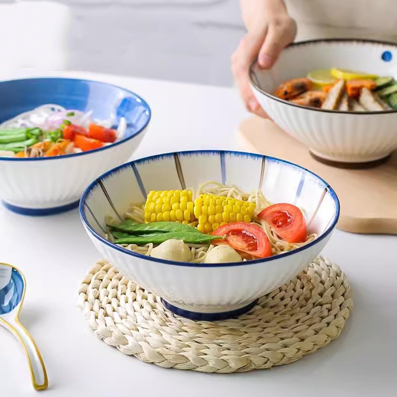8 Inch Ceramic Salad Bowls - Large Noodle & Soup Bowls for Ramen, Pho, Pasta - Bamboo Hat Trumpet Design - Perfect for Home, Kitchen, Restaurant & Meal Prep