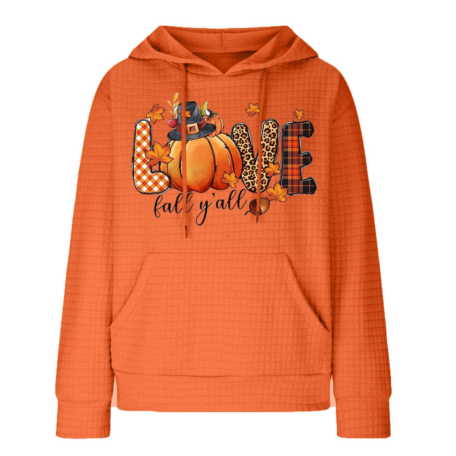 Women's Oversized Waffle Hoodie - Fall Thanksgiving Pumpkin Sweatshirt with Drawstring & Pocket | Cozy Long Sleeve Pullover for Autumn Outings, Pumpkin Patch Visits & Seasonal Comfort