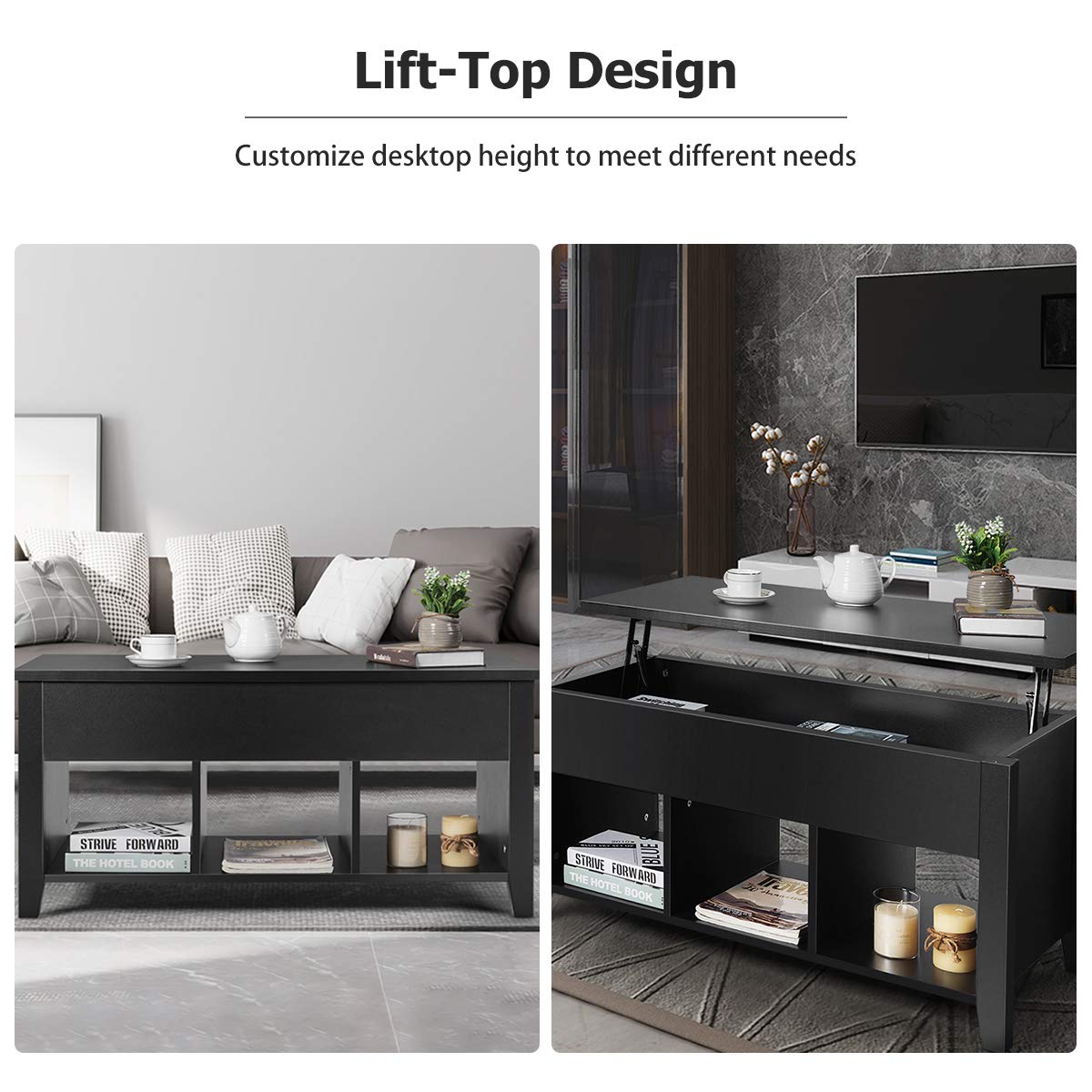 Lift Top Coffee Table with Hidden Storage - Modern Minimalist Wooden Coffee Table with 3 Open Cube Shelves for Living Room & Office - Perfect for Small Spaces, Home Decor & Organization (Black)