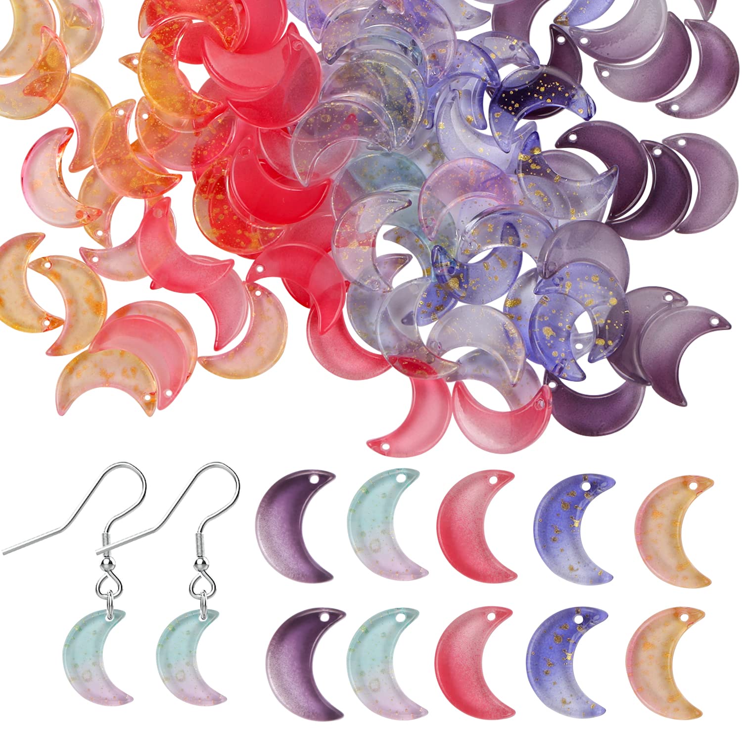 DREMISI 100Pcs Crystal Moon Charms with Gold Foil - Crescent Moon Glass Pendants in Blue & Purple for DIY Jewelry Making - Perfect for Necklaces, Earrings, Bracelets & Anklets - Great for Boho, Witchy & Celestial Themed Crafts