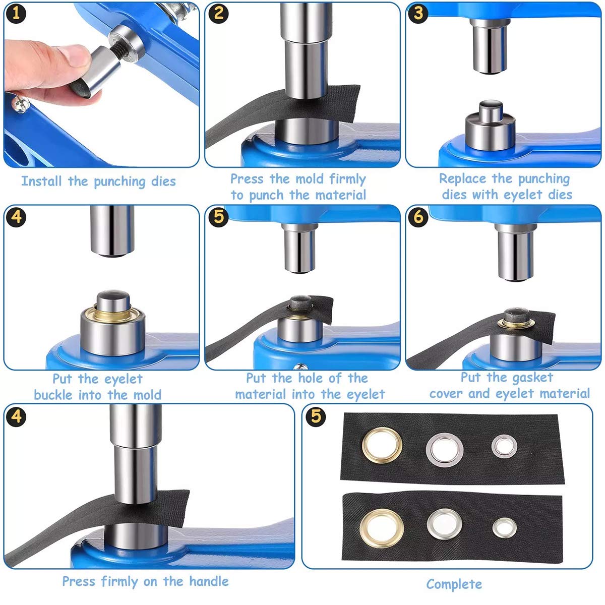 Hand Press Grommet Machine - Metal Snap Button & Rivet Tool for Jeans, Leather, Fabric - Includes Punching Dies & Handle Cover | DIY Clothing Repair, Crafting, Upholstery Projects