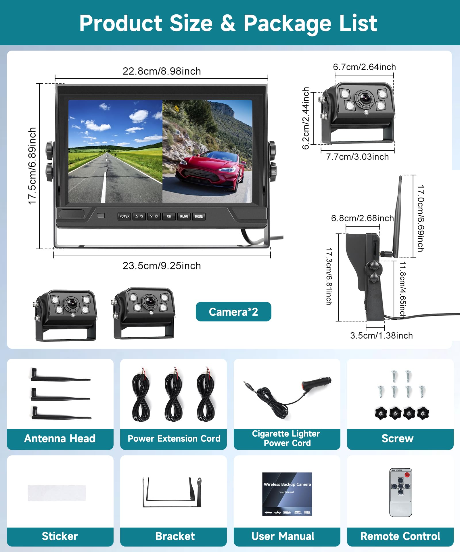 POFOFO 9-Inch AHD Wireless Backup Camera System with Night Vision & Waterproof Design - 2 Split Screen, DVR Dash for RV, Travel Trailer, Truck, Camper, Bus, Van, Pickup - Perfect for Safe Parking, Reversing & Blind Spot Monitoring