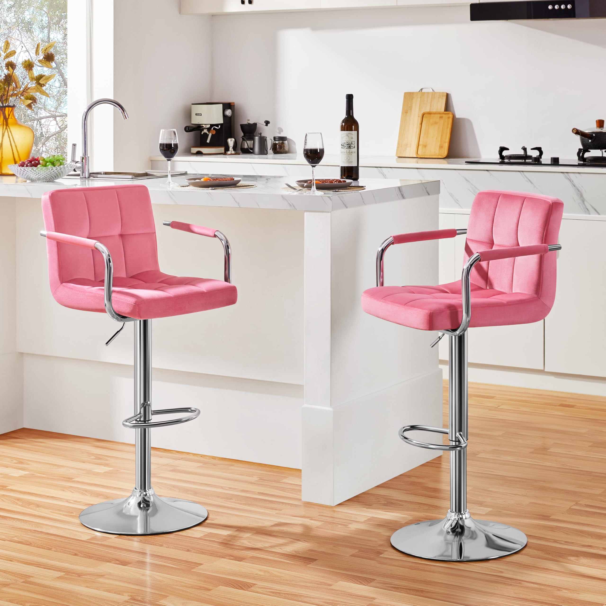 Yaheetech 2-Pack Velvet Swivel Bar Stools with Adjustable Height & Armrests - Pink Counter Stools for Kitchen Island, Breakfast Bar & Home Decor