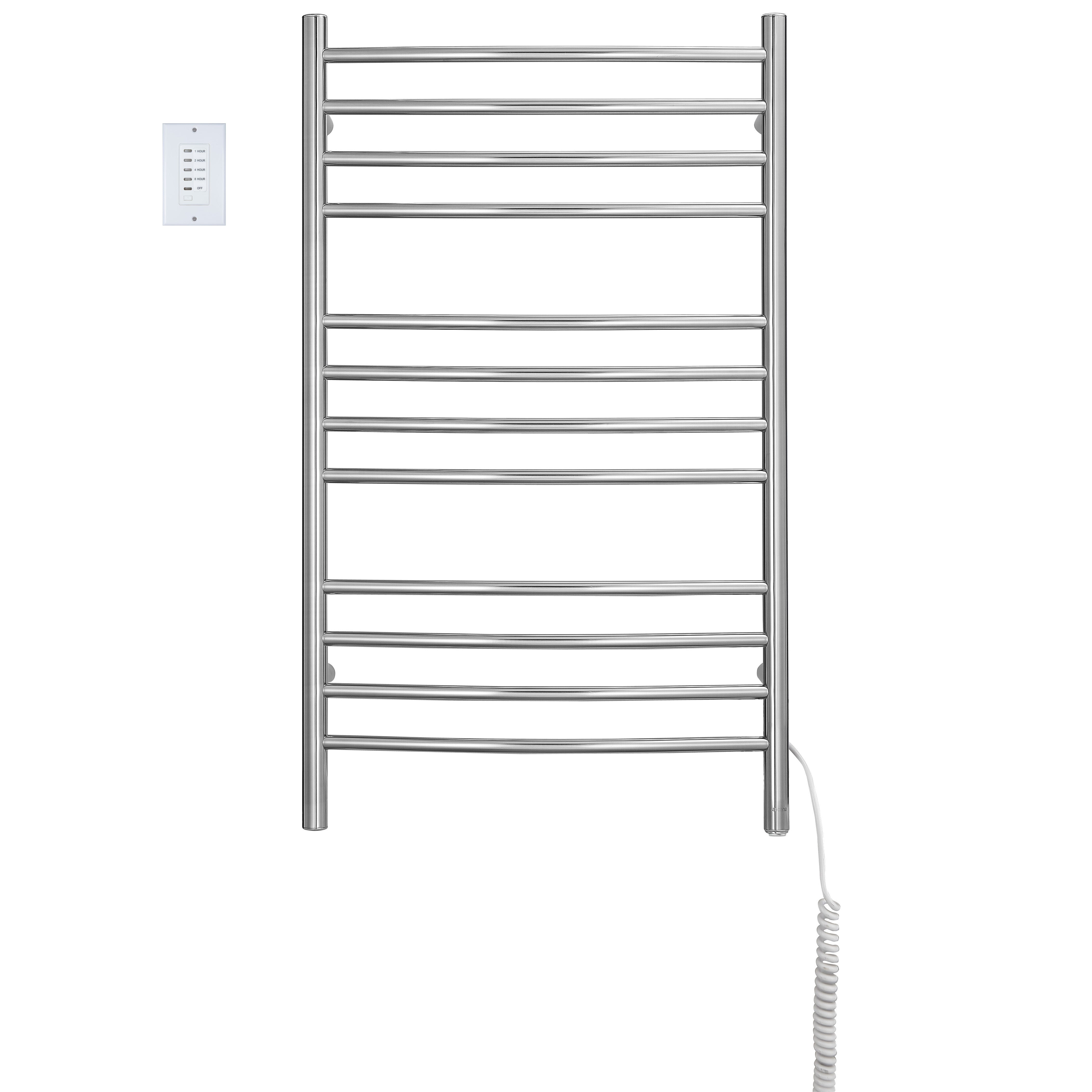Lustra Dual 12 Curved Bar Towel Warmer - Hardwired & Plug-in Polished Stainless Steel with Countdown Timer - Perfect for Bathrooms, Spas & Luxury Home Heating