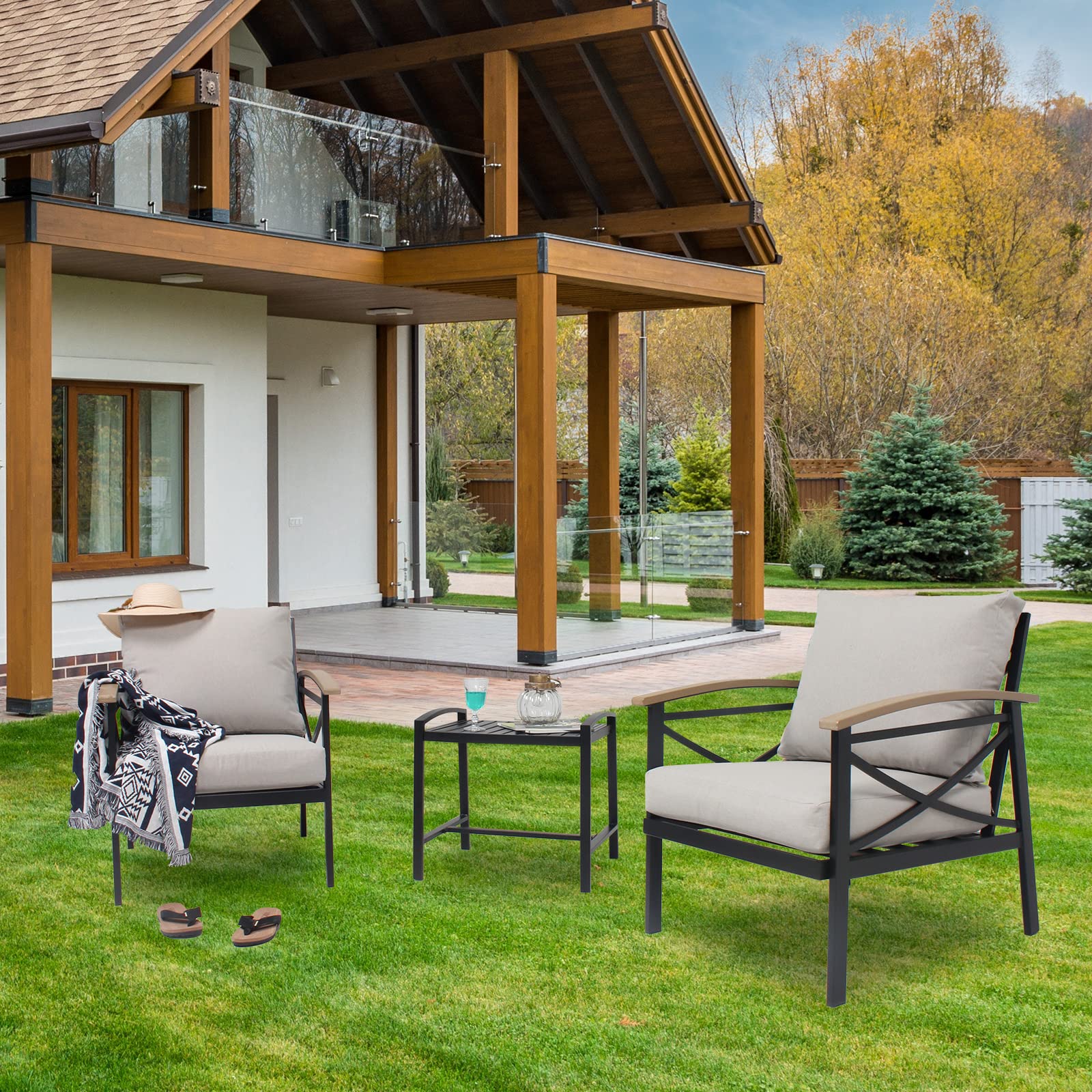 3-Piece Outdoor Patio Furniture Set with Cushions - All-Weather Wicker Conversation Sofa & Side Table - Perfect for Garden, Backyard, Poolside, or Porch (Grey) - Durable & Comfortable Outdoor Seating Solution
