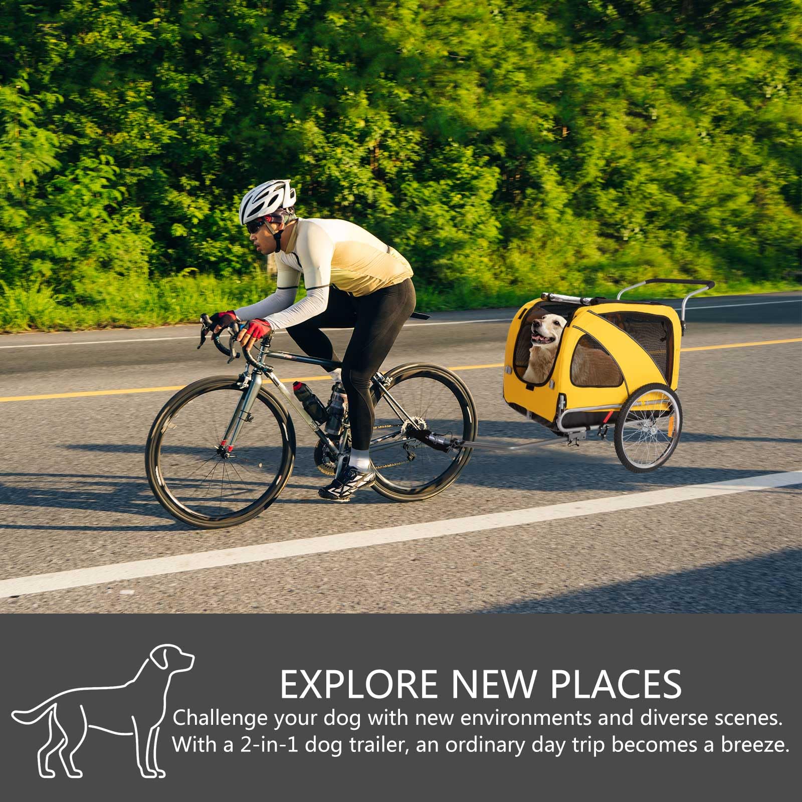 Sepnine 2-in-1 Large Dog Bike Trailer & Pet Stroller - Foldable Frame with Hand Lock Brakes, Universal Bicycle Coupler (Yellow) - Perfect for Cycling Adventures & Outdoor Walks with Your Dog