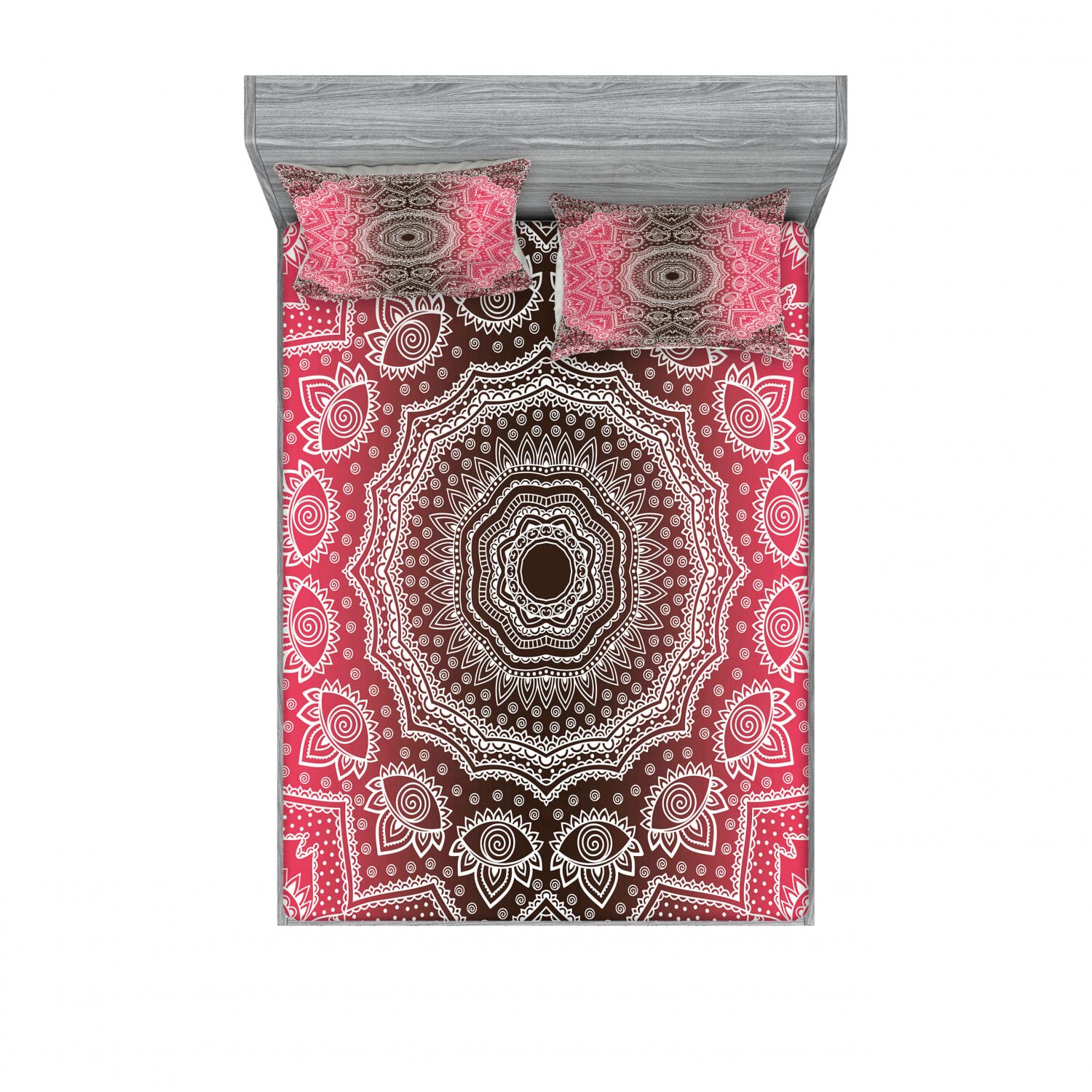 Ambesonne 2-Piece Bohemian Mandala Queen Bedding Set - Ombre Fitted Sheet & 4 Pillow Shams in Hot Pink/Brown - Retro Home Decor for Boho Chic Bedrooms & Guest Rooms