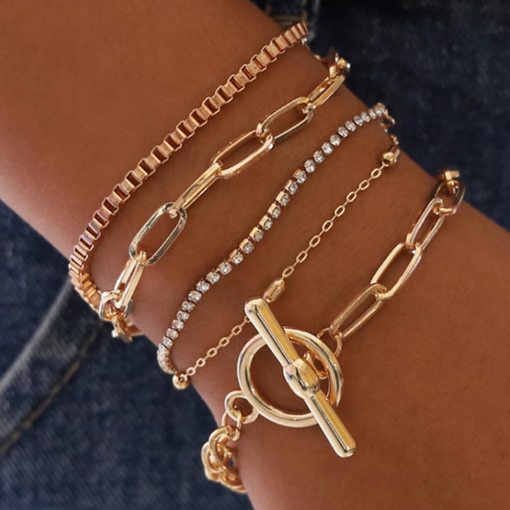4 Pcs Stacking Gold Bracelets Set - Cuban Link, Paperclip Chain, Bead Chain & Punk Retro Layered Bracelets for Women & Teens | Trendy Layered Jewelry for Everyday Wear, Parties & Gifts