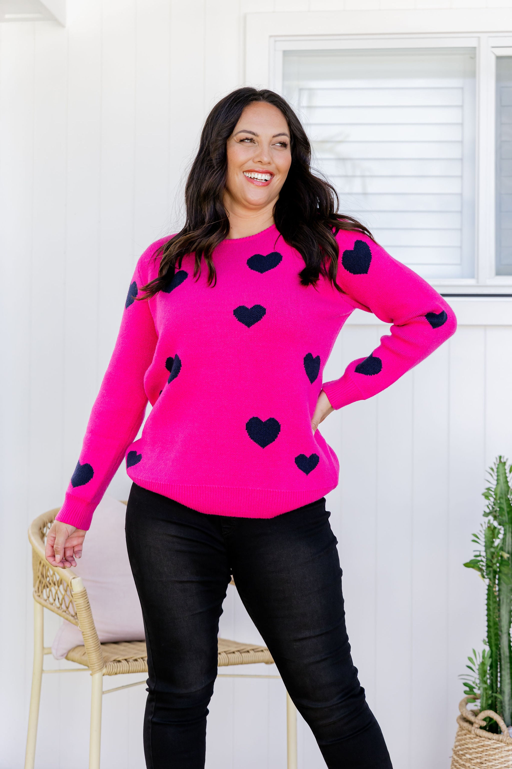 Amor Knit Jumper Women's Pink Sweater with Navy Hearts Design - Perfect for Casual Wear, Date Nights & Cozy Winter Outfits