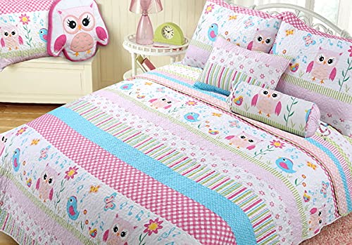 Owl Pink Quilt Set 2 Piece Bedding Set - 100% Cotton Twin Size Comforter & Sham - Soft & Cozy Bedroom Decor for Girls, Teens, Dorm Room, Guest Room