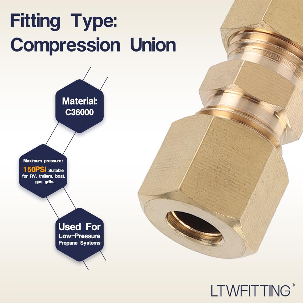 LTWFITTING 1/4-Inch OD Brass Compression Union Fitting (Pack of 300) - Perfect for Plumbing, HVAC, and Water Supply Systems