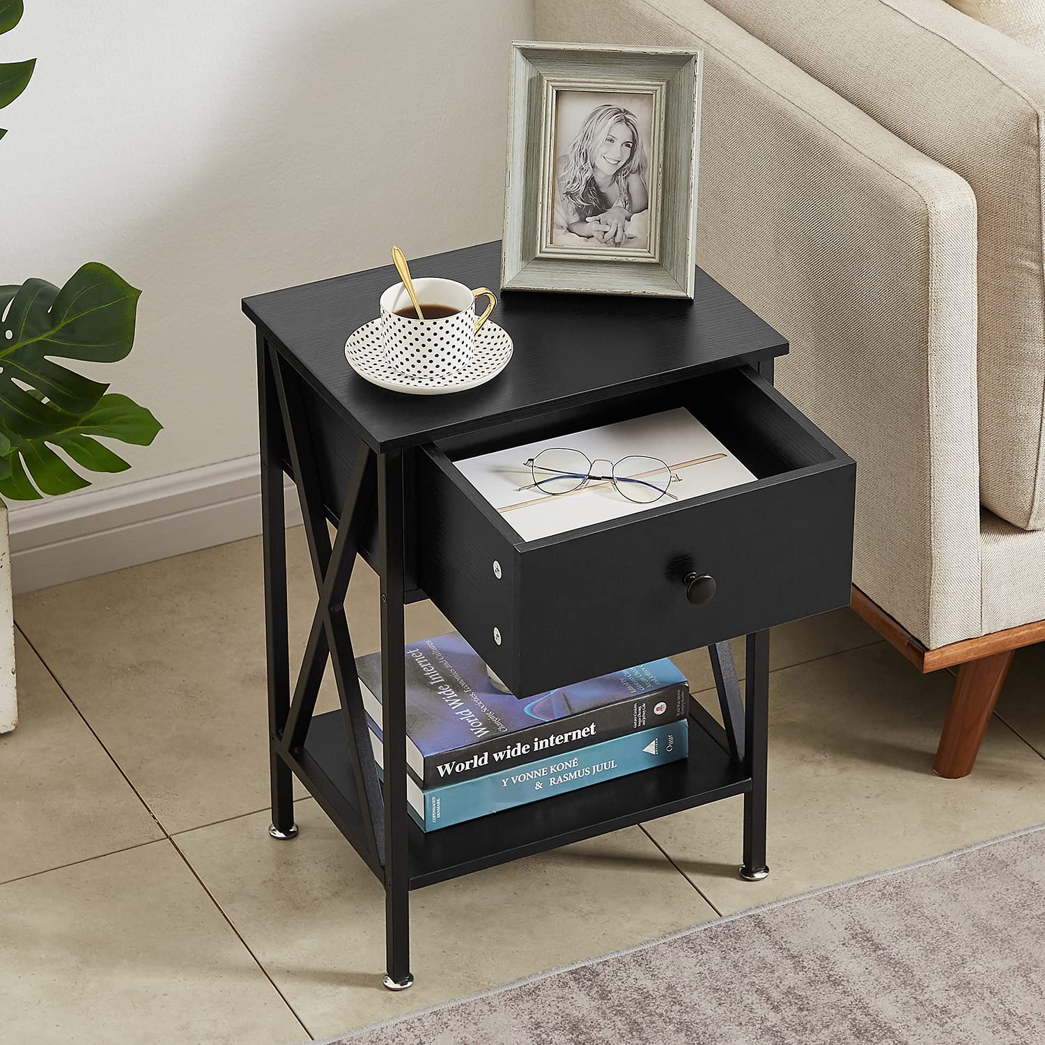 VECELO Nightstands Set of 2 - Modern Bedside End Tables with Drawer & Storage Shelf, Industrial Metal Frame Night Stands for Bedroom & Living Room - Perfect for Small Spaces, Apartment Furniture & Home Decor