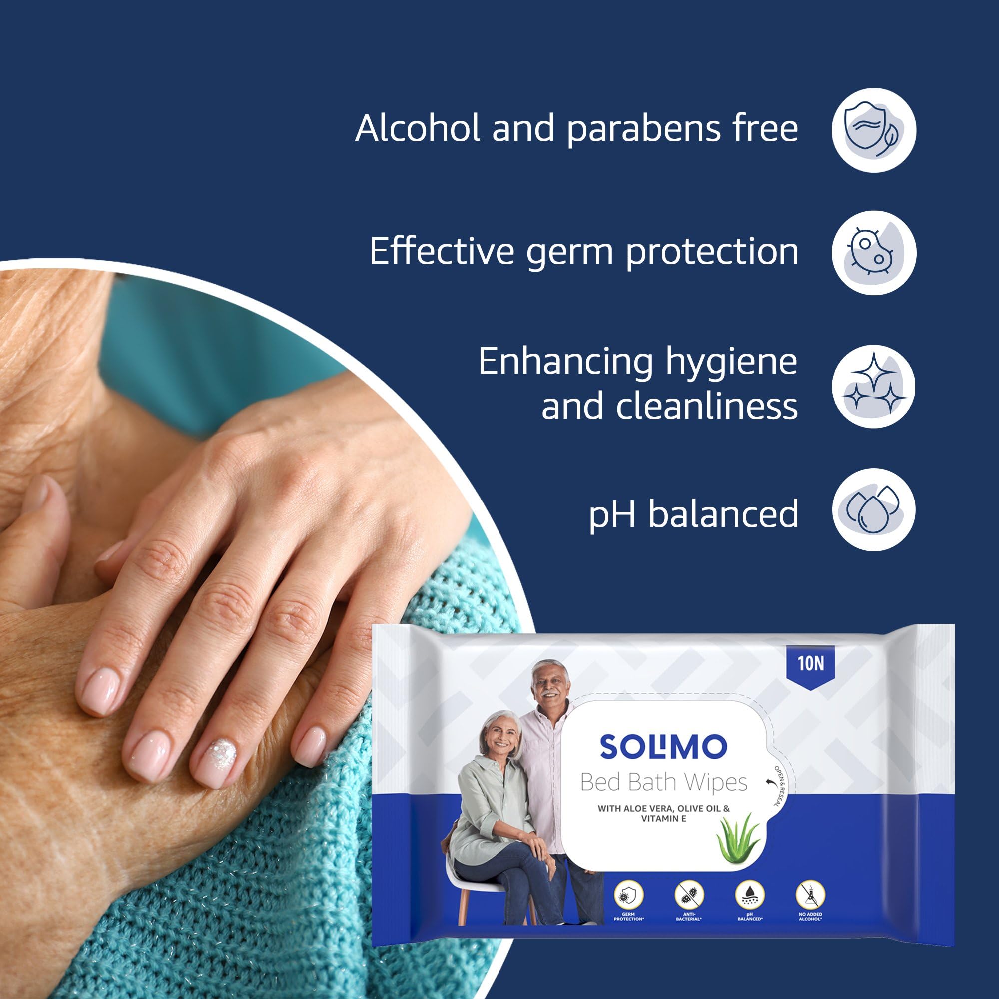 Solimo Adult Bed Bath Wipes - 100 Count (10 Packs x 10 Wipes) with Aloe Vera, Olive Oil & Vitamin E | Germ Protection, pH Balanced | Alcohol & Paraben Free | Ideal for Elderly Care, Post-Surgery Hygiene & Travel Convenience