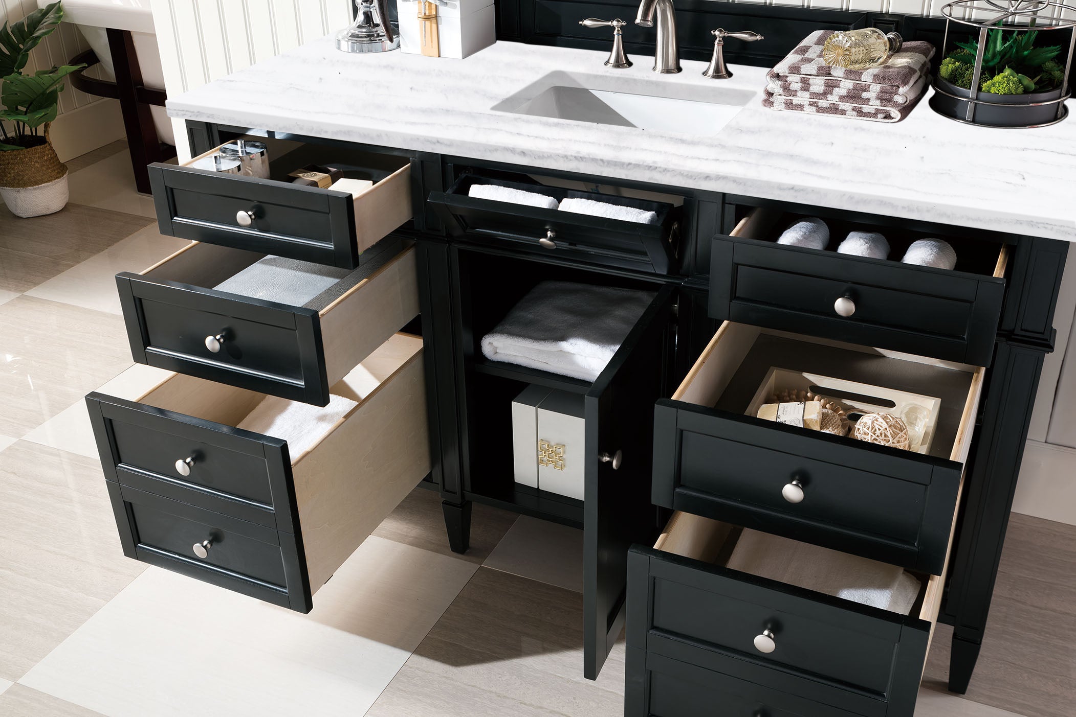 Brittany 60 Inch Single Bathroom Vanity with Black Onyx Base & 3CM Arctic Fall Solid Surface Top - Perfect for Modern Master Bathrooms & Guest Suites