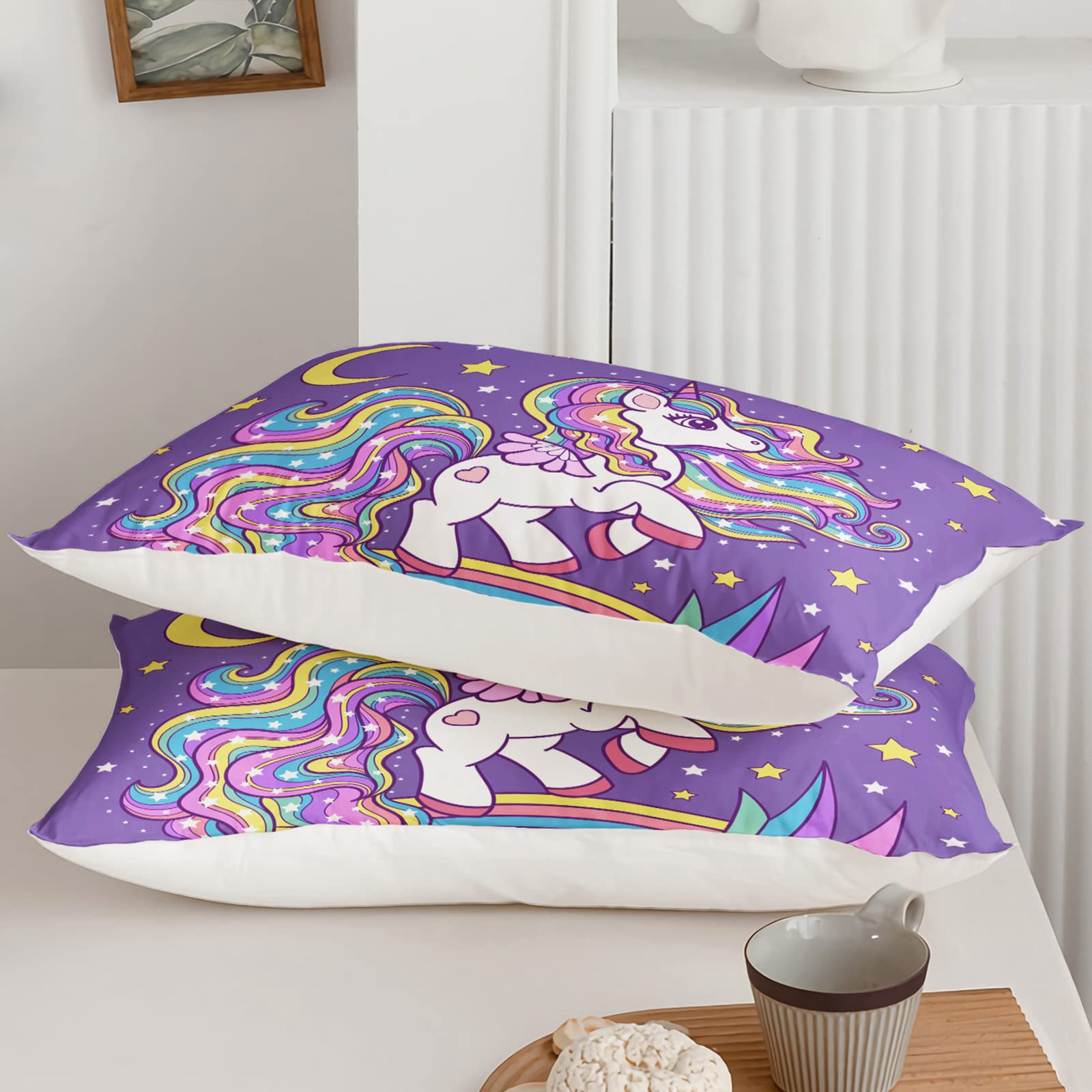 QOOMO Unicorn Comforter Set Queen Size - Rainbow Printed 3-Piece Bedding with 2 Pillowcases | Soft, Lightweight Down Alternative for Kids, Teens & Girls | Perfect for Bedrooms, Sleepovers & Cozy Nights