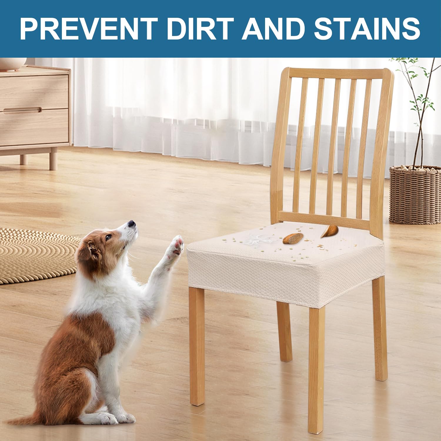 Smiry Waterproof Dining Chair Seat Covers Set of 4 - Stretch Jacquard Washable Slipcovers for Kitchen & Dining Room Chairs (Beige) | Spill Protection & Easy Cleaning for Family Meals & Entertaining