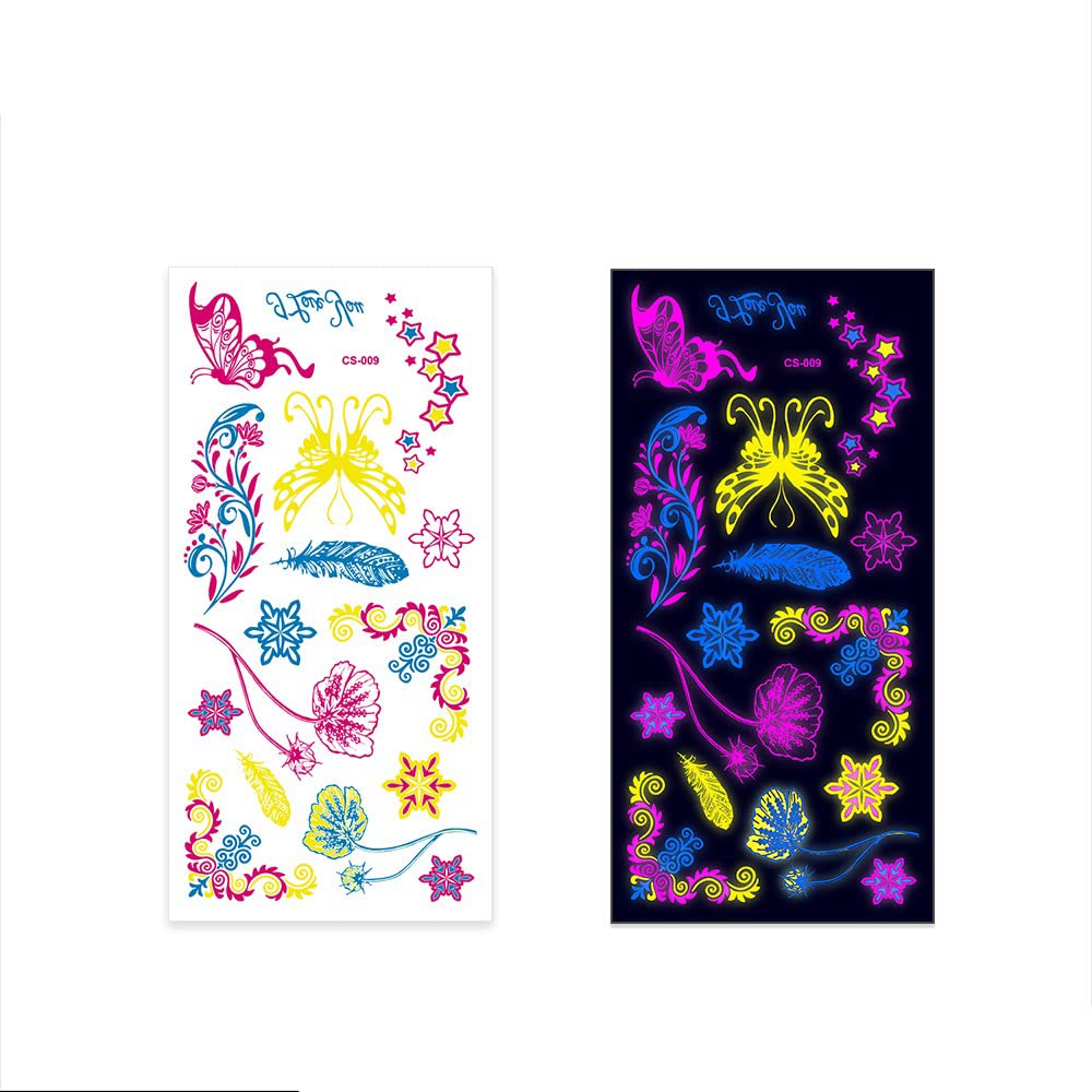 Glow in the Dark UV Neon Temporary Tattoos - Waterproof Fake Body Art Stickers for Women & Men (Butterfly, Flower, Star, Feather Designs) - 21x10.5cm - Perfect for Parties, Festivals, Raves & Body Art Photography