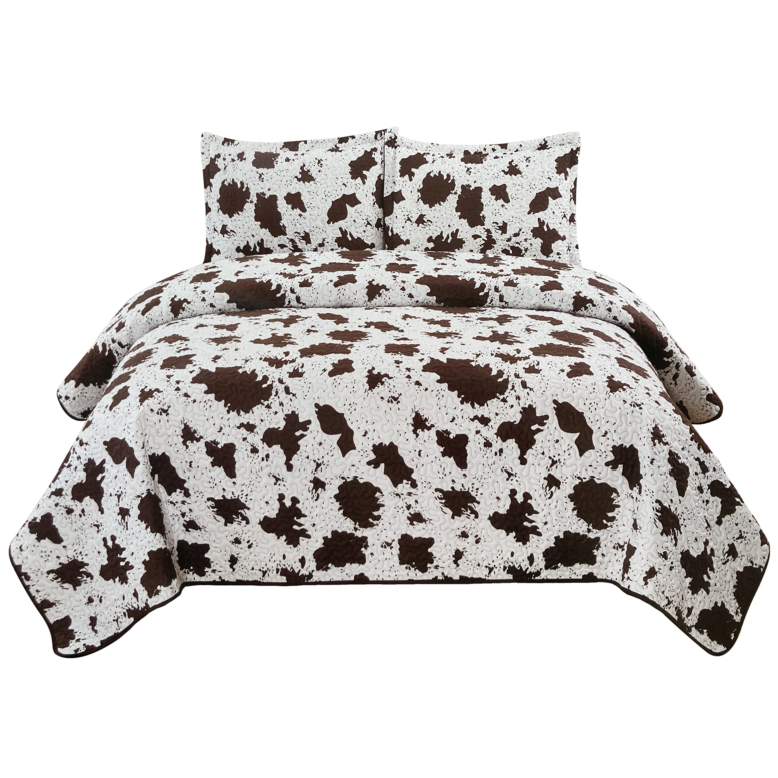 Western Peak Cowhide Brown White Print Western Design Quilt Bedding Set with Pillows (Queen Size) - Perfect for Rustic Cabin, Farmhouse & Western Themed Bedrooms