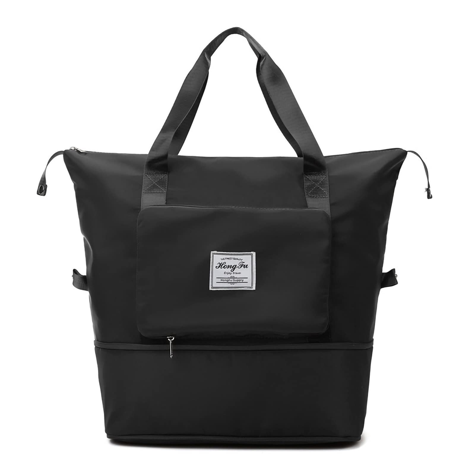 Expandable Travel Tote Bag - Large Capacity Lightweight Weekender Bag with Dry & Wet Separation - Foldable Gym Bag for Vacation, Business Trips & Outdoor Adventures (Black)