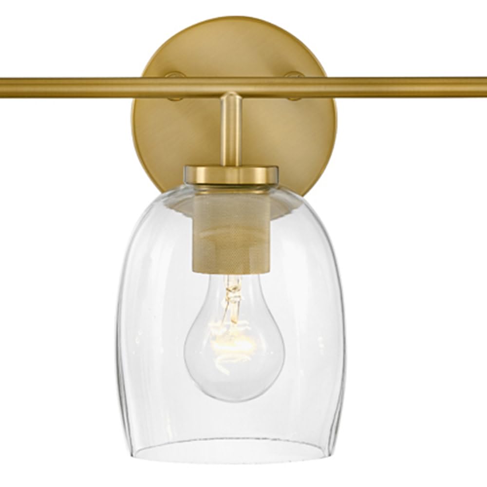 Lark Percy 85013LCB 3-Light Bathroom Vanity Light Fixture - Transitional Style, Bell-Shaped Clear Glass Shade, Up or Down Mount - Lacquered Brass Finish - Perfect for Bathroom, Powder Room & Dressing Area Lighting