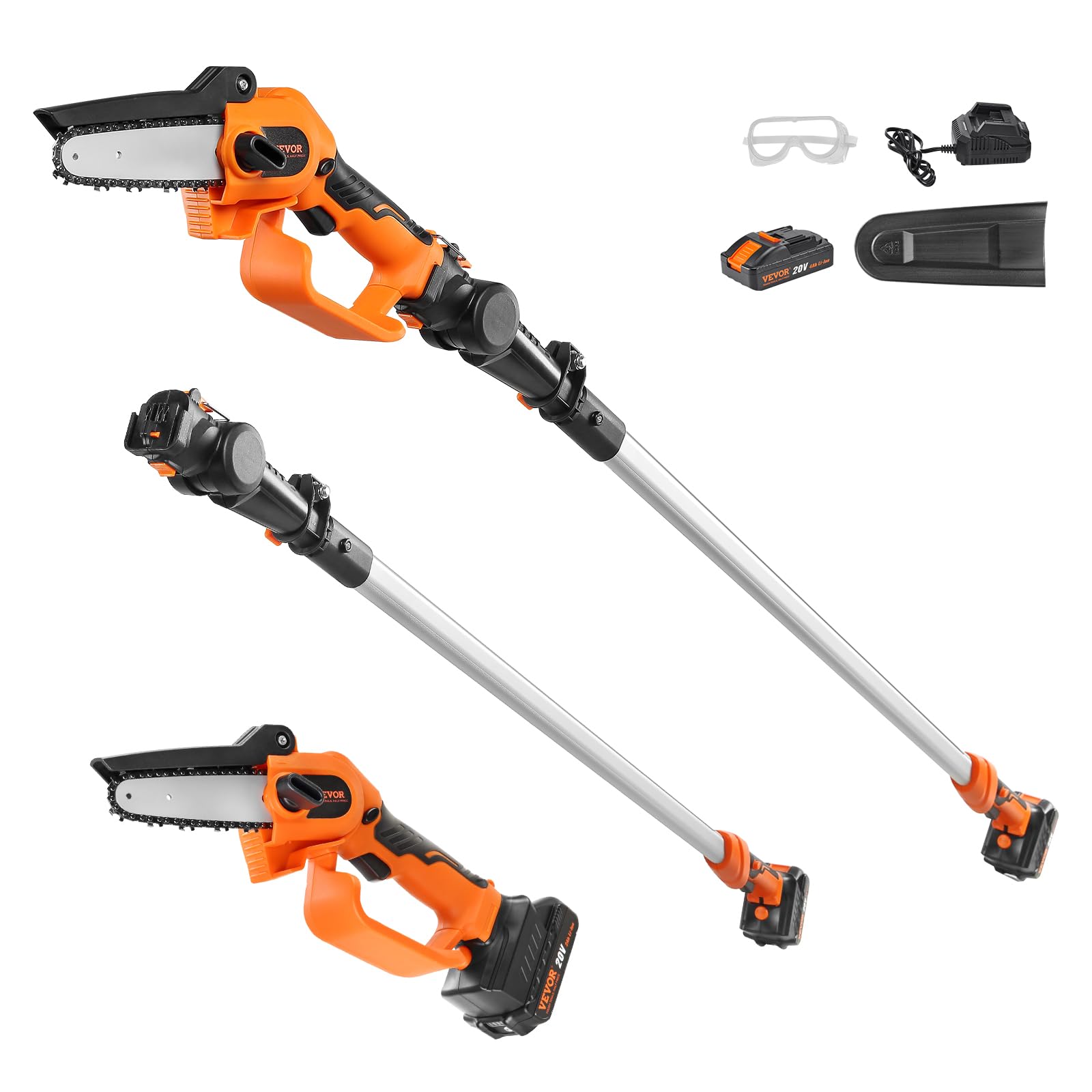 VEVOR 20V 4Ah Cordless Pole Saw & Mini Chainsaw 2-in-1 Combo Kit - 5-inch Chainsaw with 14-Foot Extendable Pole for Tree Trimming, Wood Cutting, and Garden Maintenance (Includes Battery & Blade Cover) - Perfect for Landscaping, Yard Work, and DIY Home Projects