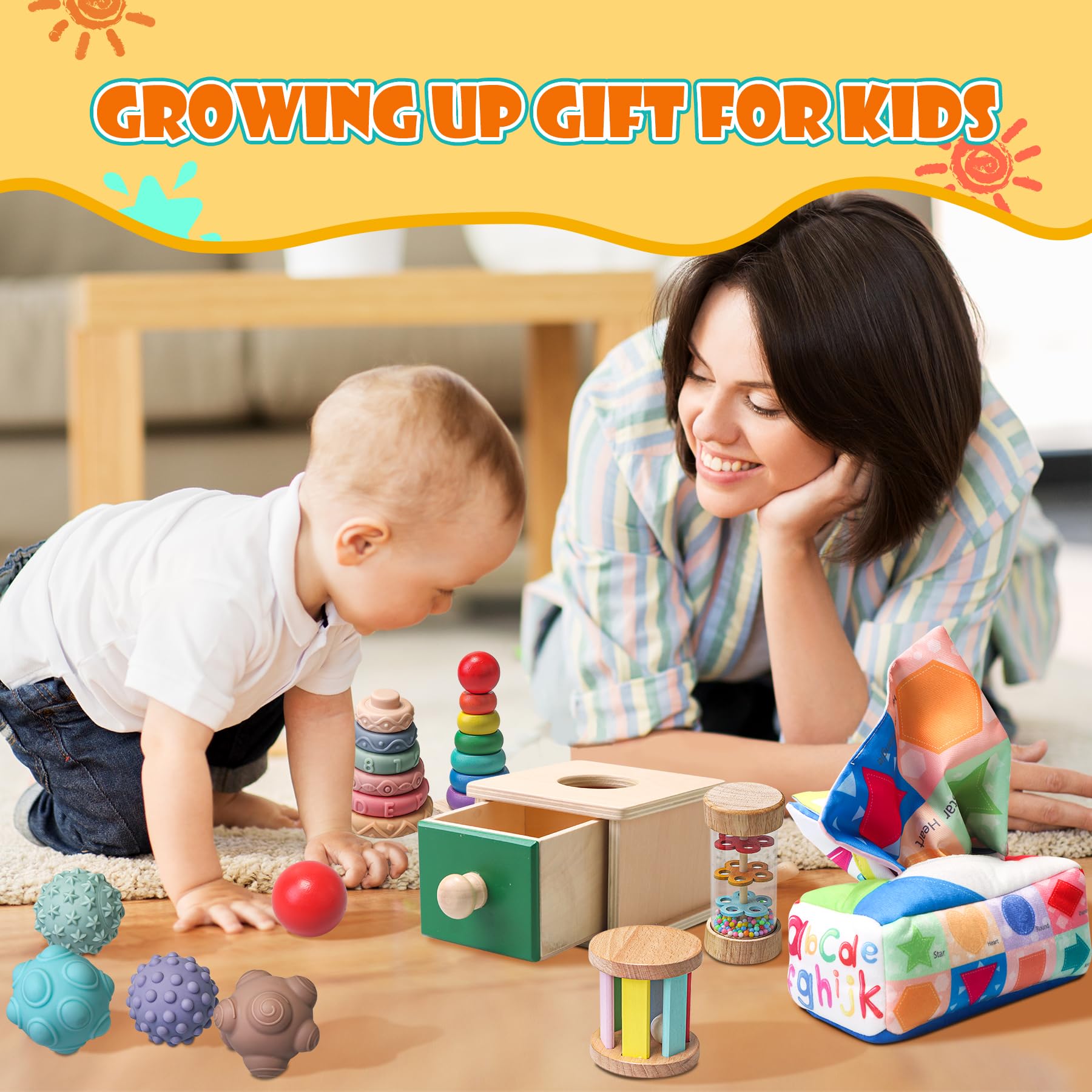 **Montessori Wooden Sensory Toys for Babies 6-18 Months - 8-in-1 Educational Learning Set with Tissue Box, Rainmaker & More | Perfect for Early Childhood Development & Sensory Play**