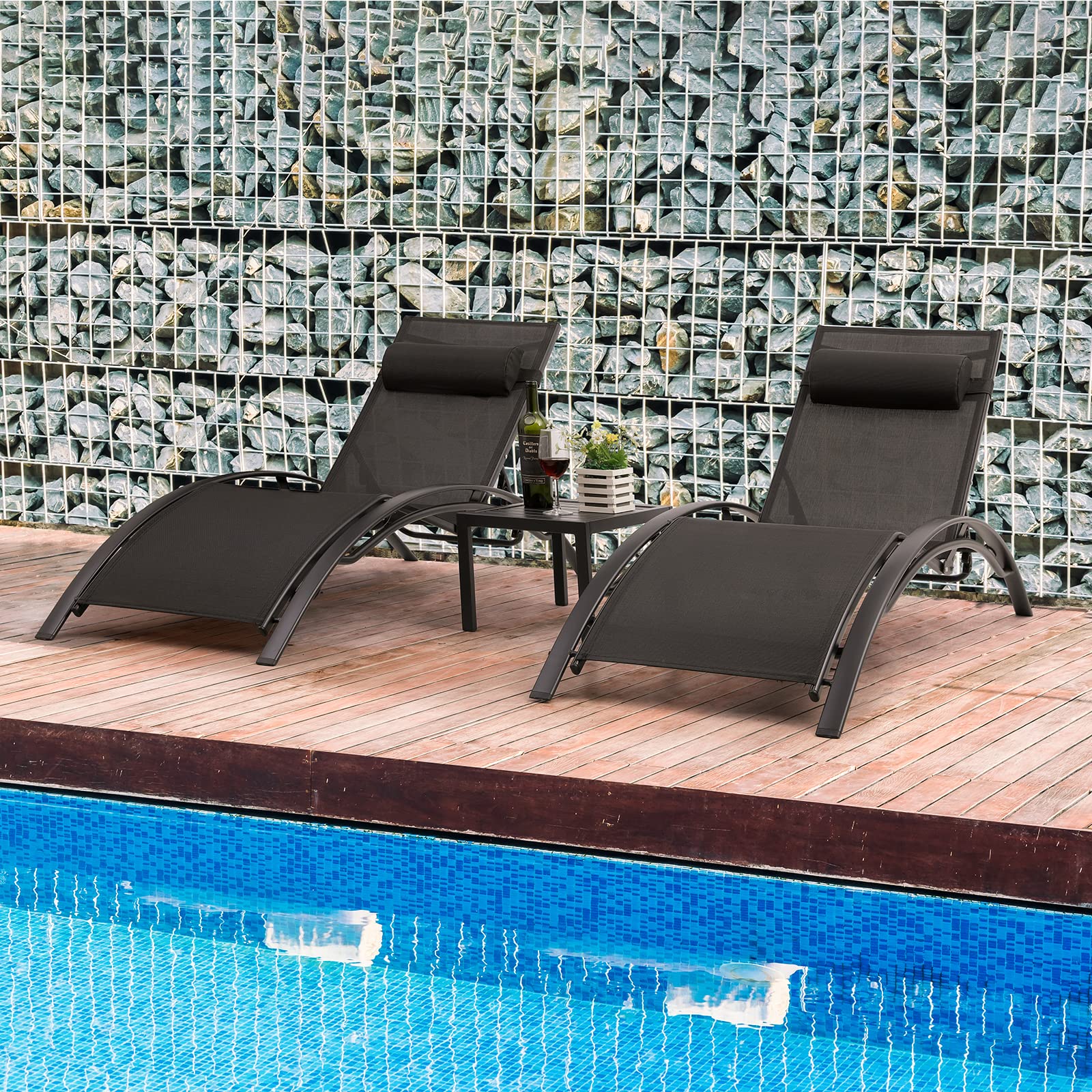 **AthLike 3-Piece Pool Chair Set with Headrest – Adjustable Patio Chaise Lounge for Sunbathing, Tanning – Outdoor Beach & Poolside Recliner Chairs with Side Table (Black) – Perfect for Backyard, Resort & Vacation Relaxation**