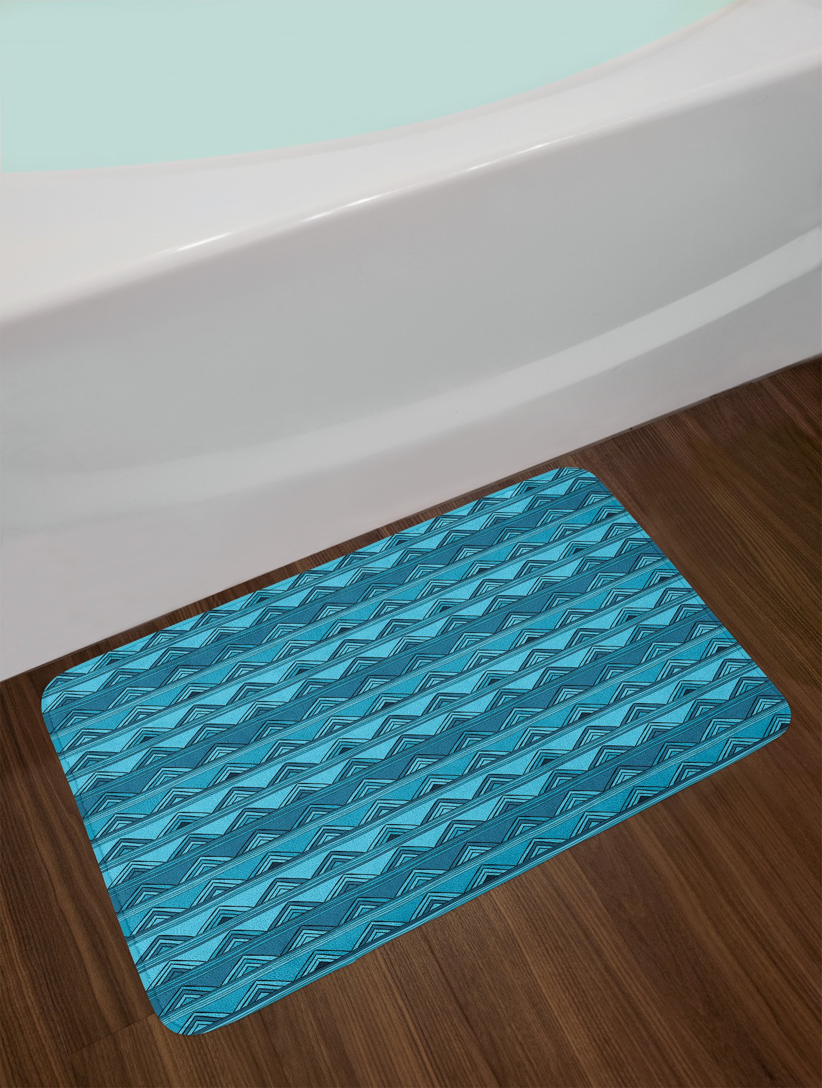 Ambesonne Stripes Bath Mat - Hand Drawn Triangle Pattern Doodle Style Wavy Geometric Non-Slip Bathroom Rug, 30.2 x 20 Inches, Blue & Pale Blue - Soft Plush Decor for Bathroom, Shower, Vanity & Spa Areas