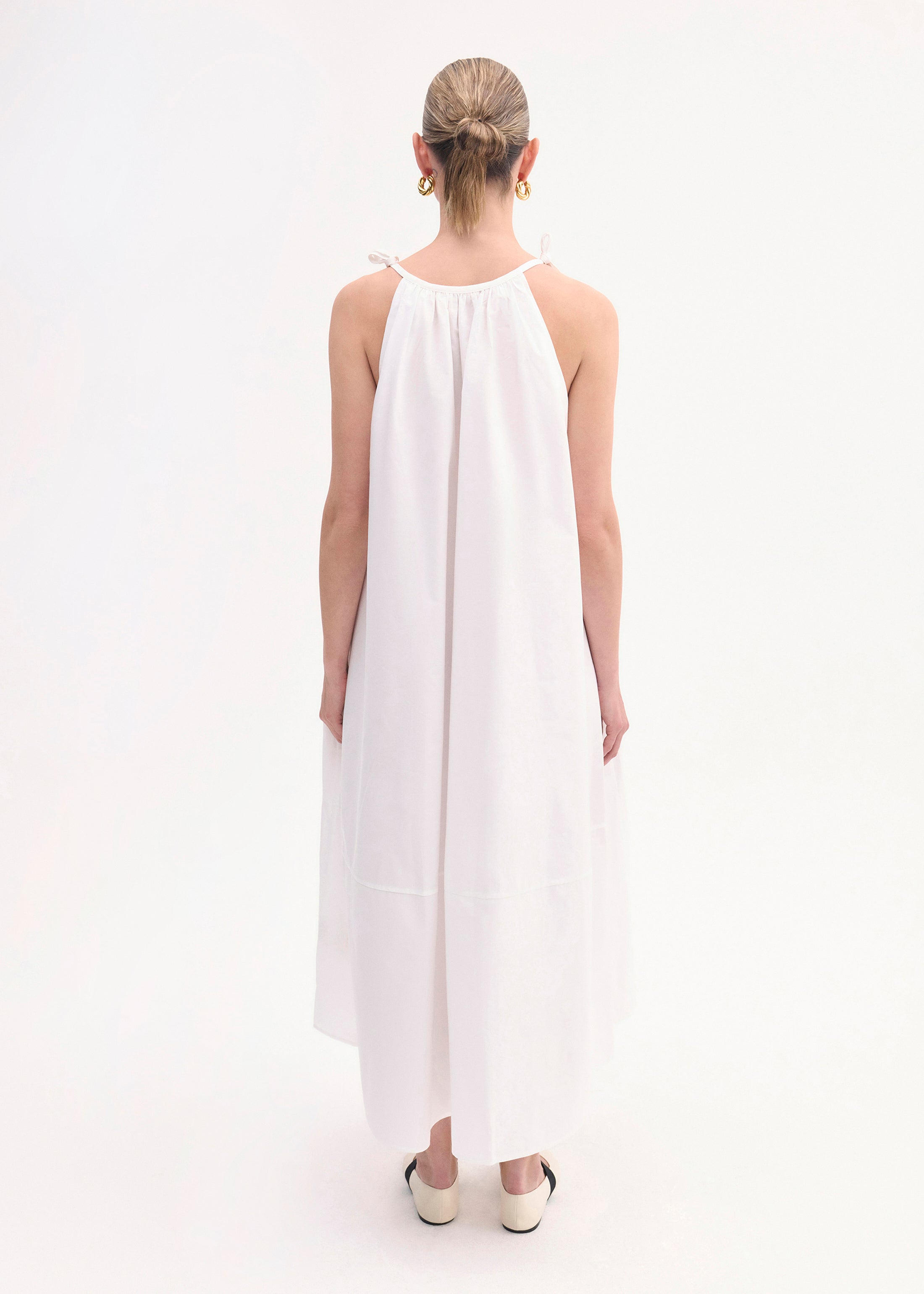 Elegant Gathered Halter Dress in Soft Cotton Poplin - White | Perfect for Summer Weddings, Beach Vacations & Casual Outings