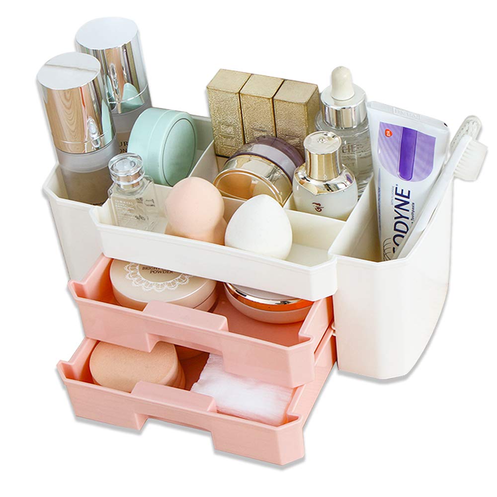 Stackable Makeup Organizer with Drawers - Pink Cosmetic Brush Storage Box for Vanity, Bathroom & Desk | Space-Saving Beauty Organizer | Perfect Gift for Women | Ideal for Travel, Home & Salon Use