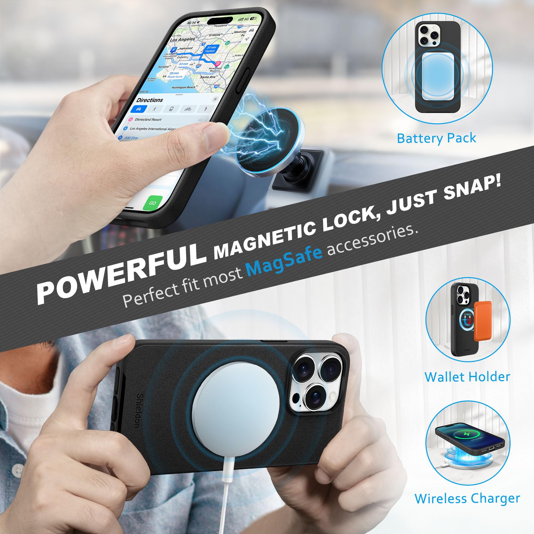 Premium SHIELDON Genuine Leather iPhone 15 Pro Max Case - 2-in-1 Detachable Wallet with Wireless Charging, Kickstand & RFID Blocking Card Holder | Magnetic Protective Cover for iPhone 15 ProMax (Black) | Perfect for Business Travel & Everyday Use