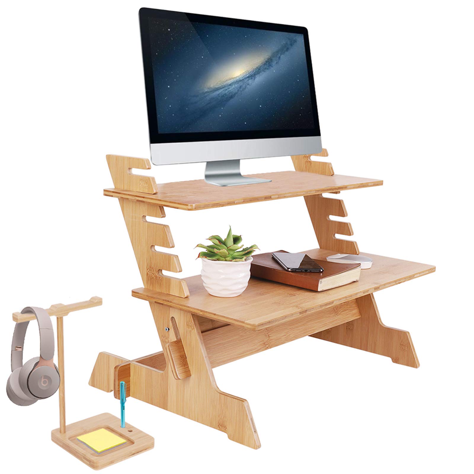 Adjustable Bamboo Monitor Stand Riser with Phone & Headset Holder - Ergonomic Standing Desk Converter for Laptop & Computer Workstation - Perfect for Home Office, Gaming Setup & Workspace Organization