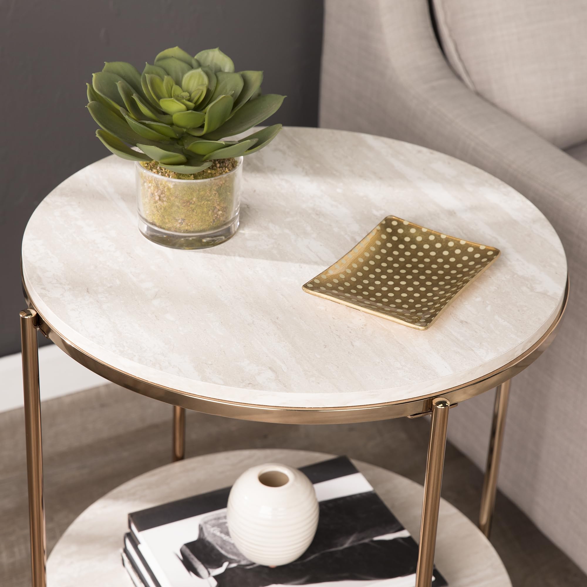 SEI Furniture Silas Round Faux Stone End Table - Champagne Gold Accent Side Table for Living Room, Bedroom & Office Decor
