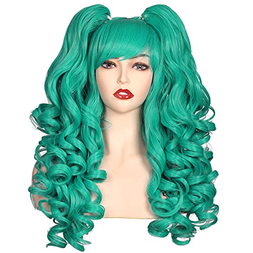 Turquoise Long Curly Cosplay Wig with 2 Ponytails | Anime & Halloween Costume Accessory | Perfect for Cosplay, Parties, and Themed Events