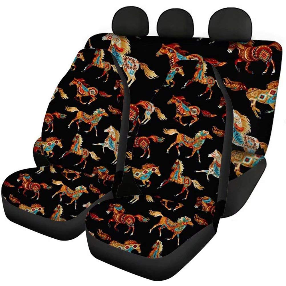 TSVAGA Aztec Horse Print Black Car Seat Covers - Universal Fit for Cars & SUVs | Waterproof & Stain Resistant Auto Seat Protector | Full Set Front & Rear Bench Seat Covers | Perfect for Road Trips, Daily Commutes & Interior Car Decor