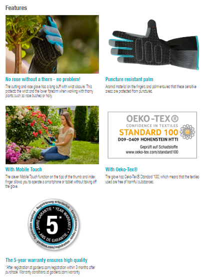 Gardena Thorn Proof Gardening Gloves for Cutting Roses - Durable & Comfortable for Pruning, Planting & Outdoor Work