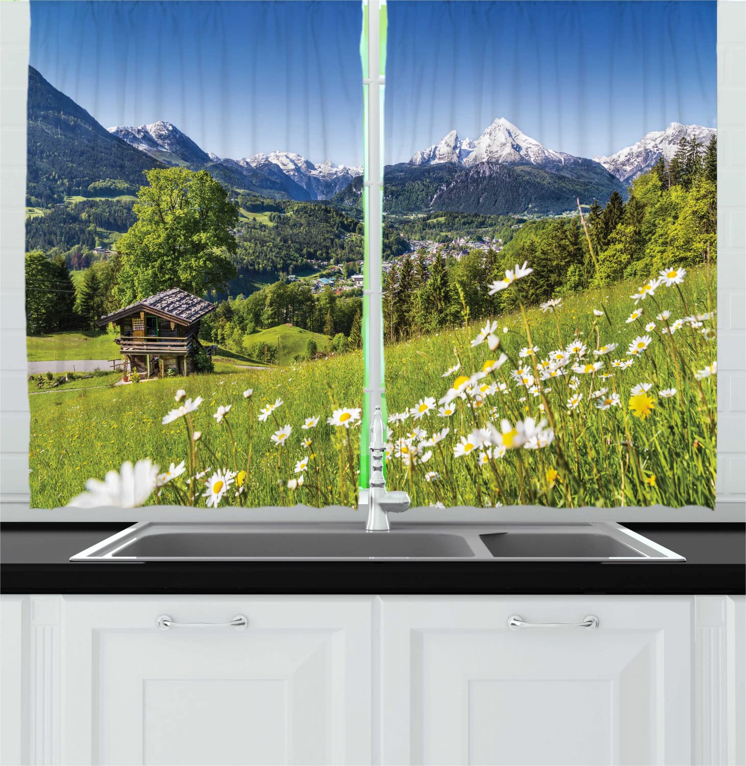 Ambesonne Alps Long Kitchen Curtains - Mountain Valley Meadow Scenic Design with Wooden Hut in Bavarian Berchtesgaden & Watzmann - 2 Panel Drapes with Rod Pocket - 55 x 45 Inch - Yellow Green Blue - Perfect for Rustic Cabin, Farmhouse, or Alpine-Themed Kitchen Decor