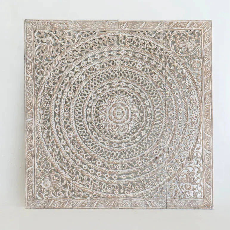 Hand Carved White Mango Wood Wall Hanging Panel - Natural Wood Home Decor for Living Room, Bedroom & Office Wall Art