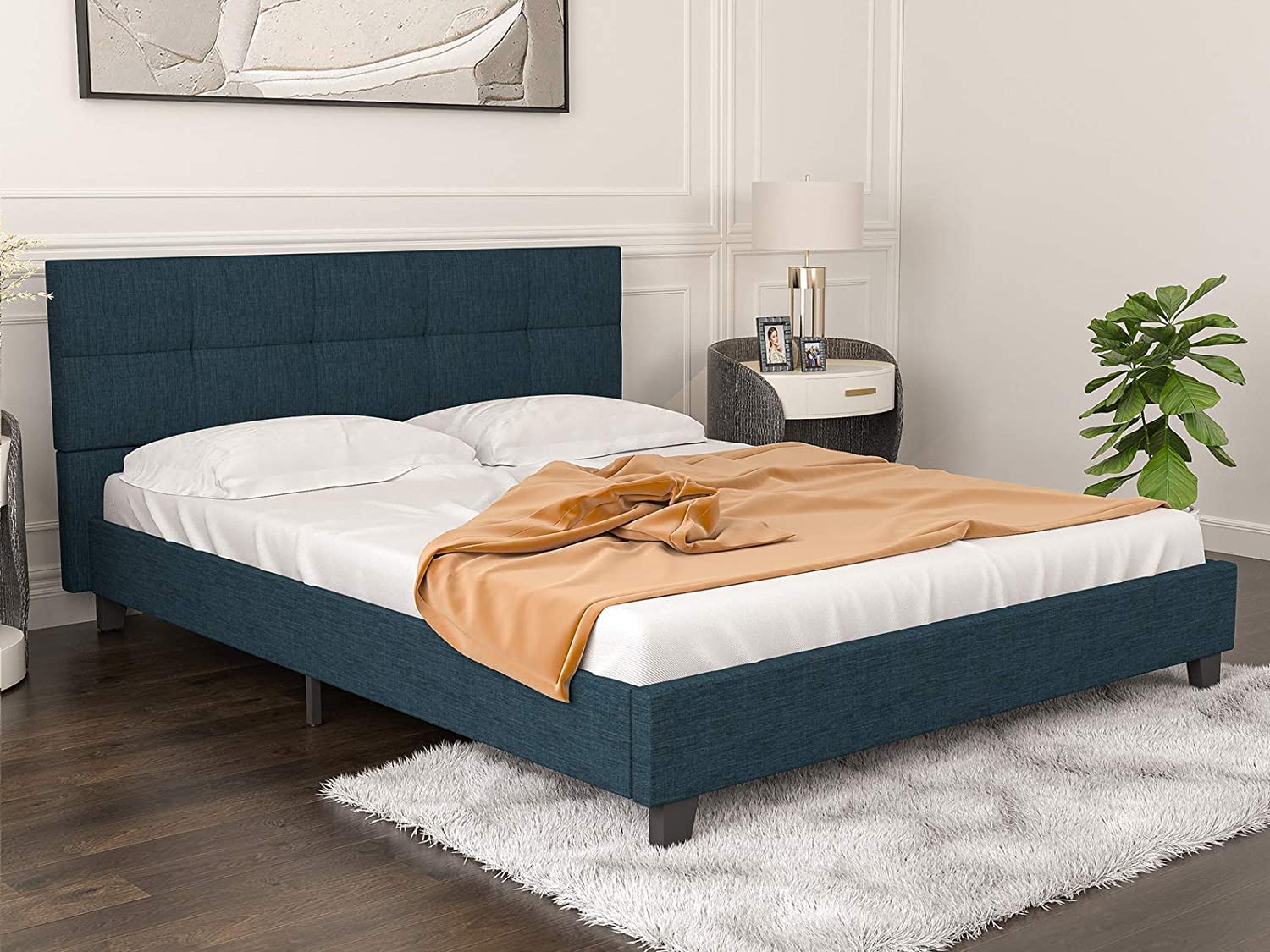 Upholstered Platform Bed Frame with Headboard - Full Size Blue Wood Slat Support Mattress Foundation - No Box Spring Needed, Easy Assembly - Perfect for Modern Bedrooms & Guest Rooms