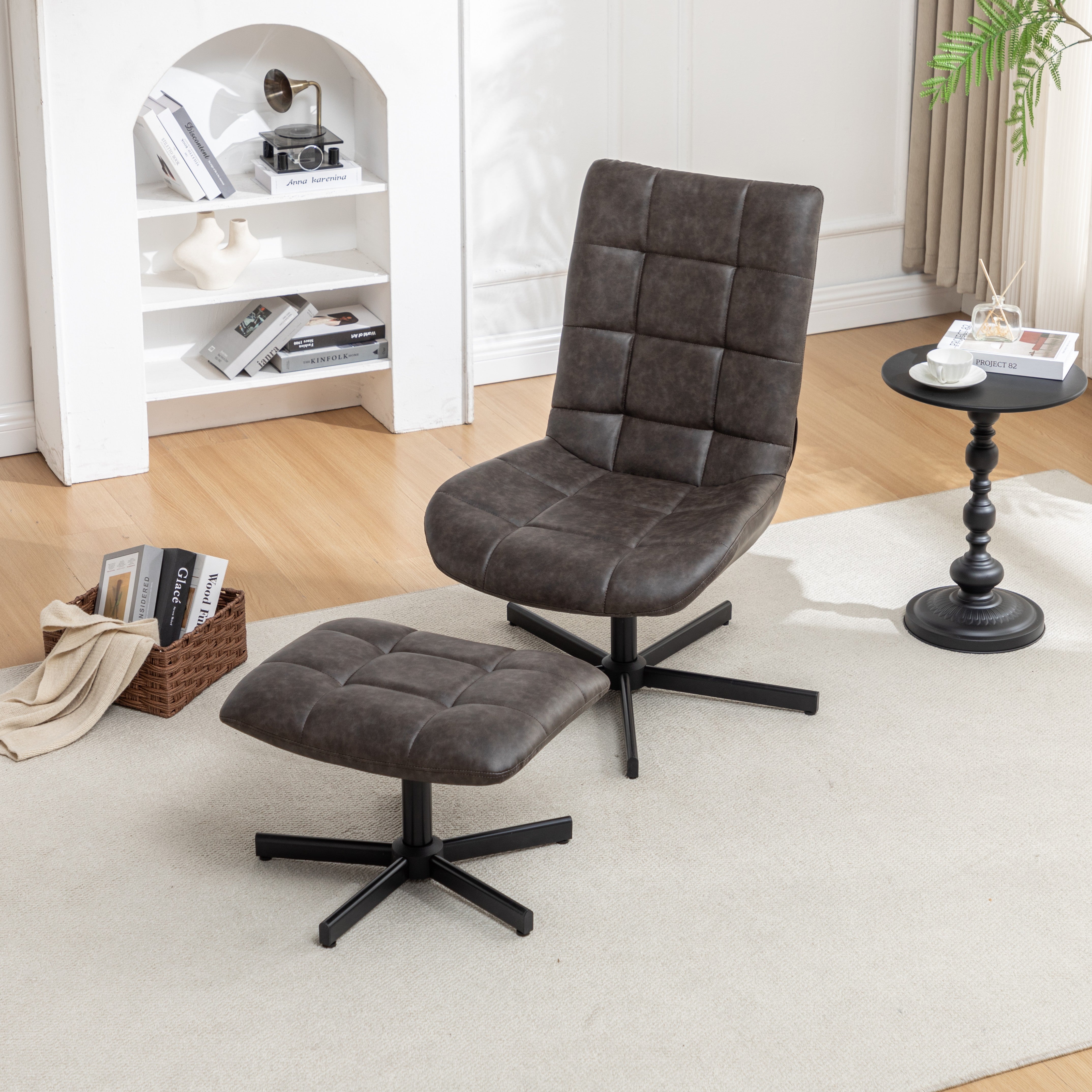 Roundhill Furniture Arlena Faux Leather Tufted Accent Chair with Ottoman Set - Modern Living Room Seating for Home Office, Bedroom or Lounge Area
